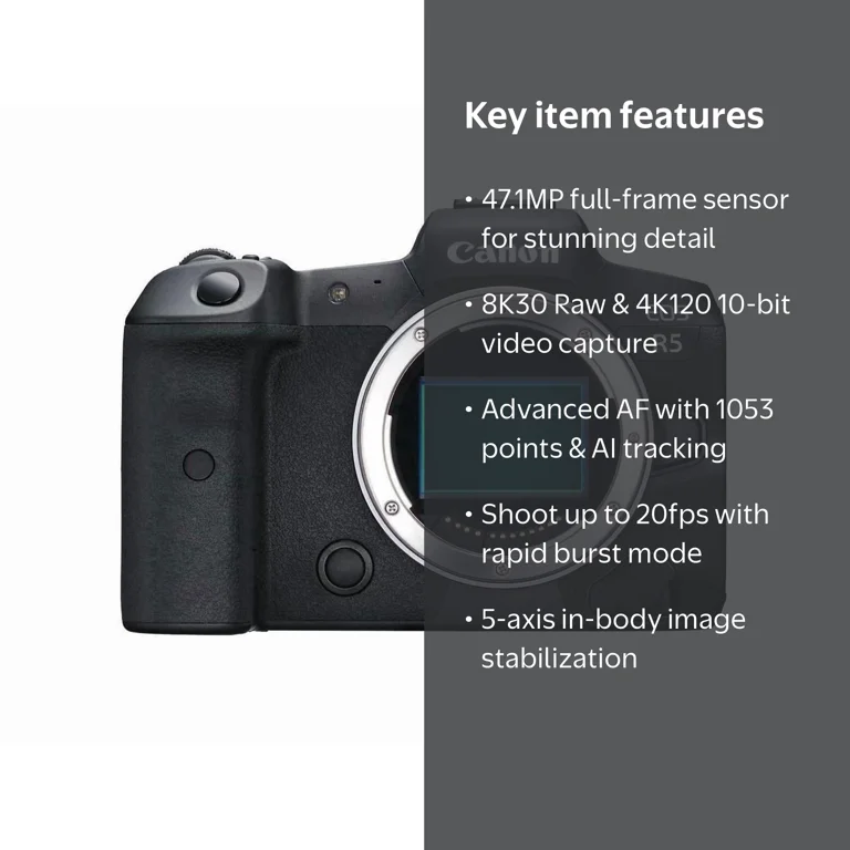 Canon, Mirrorless Camera, EOS R5, 45MP 8K Video, Dual Pixel AF
