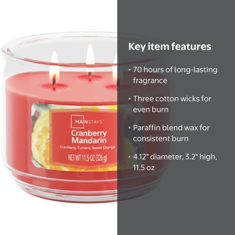 マドカリンダル　SCENTED CANDLE Mainstays Cranberry Mandarin Scented 3-Wick Glass Jar Candle, 11.5