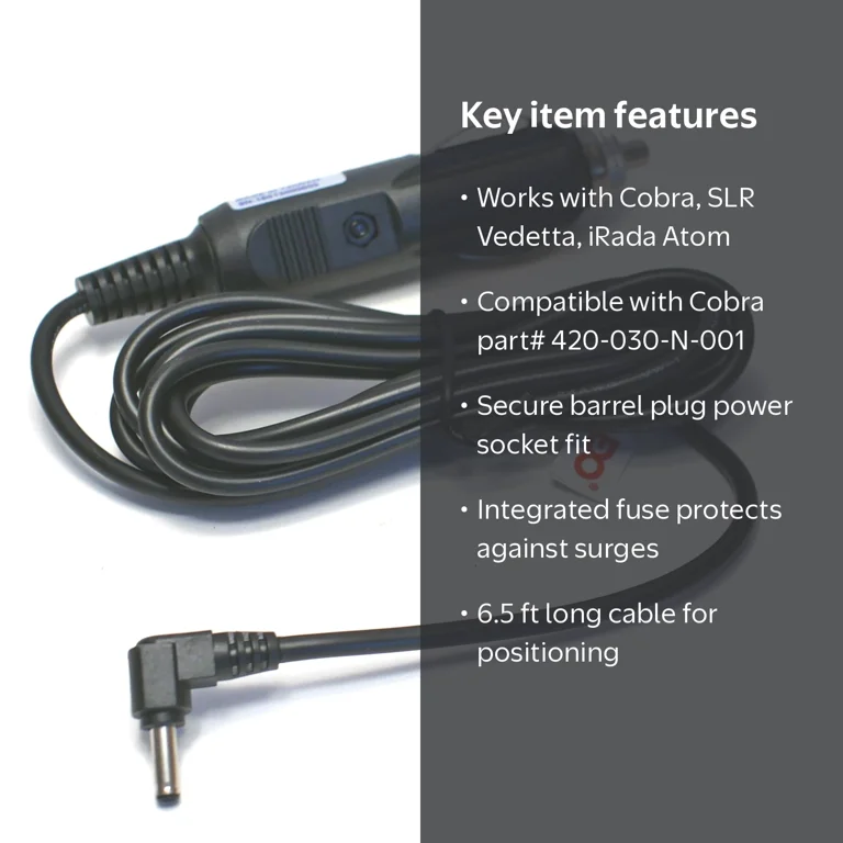 EDO Tech, Car Power Cord, compatible with Cobra Rad 480i, 6-1/2