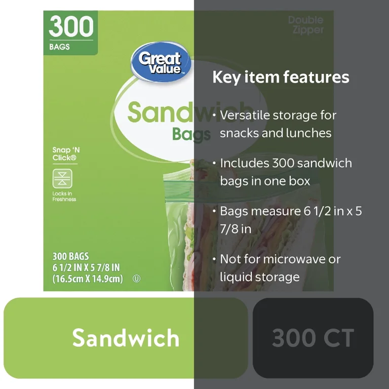 Great Value Double Zipper Sandwich Bags, 300 Count, Reusable Snack