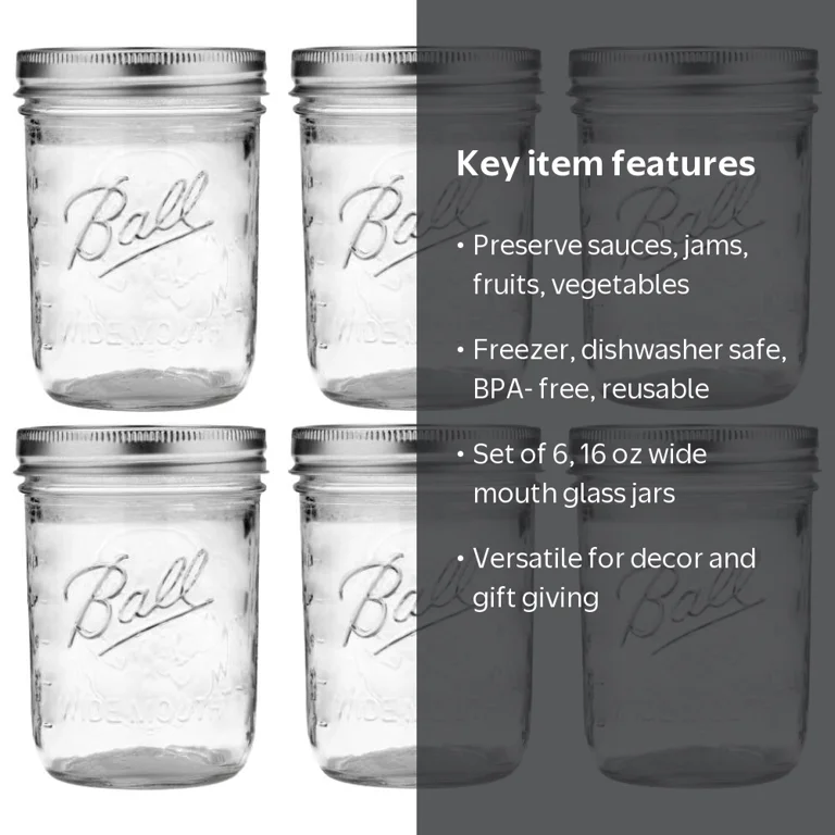 Ball Glass Mason Jar, Wide Mouth, 16 oz, Freezer and Dishwasher