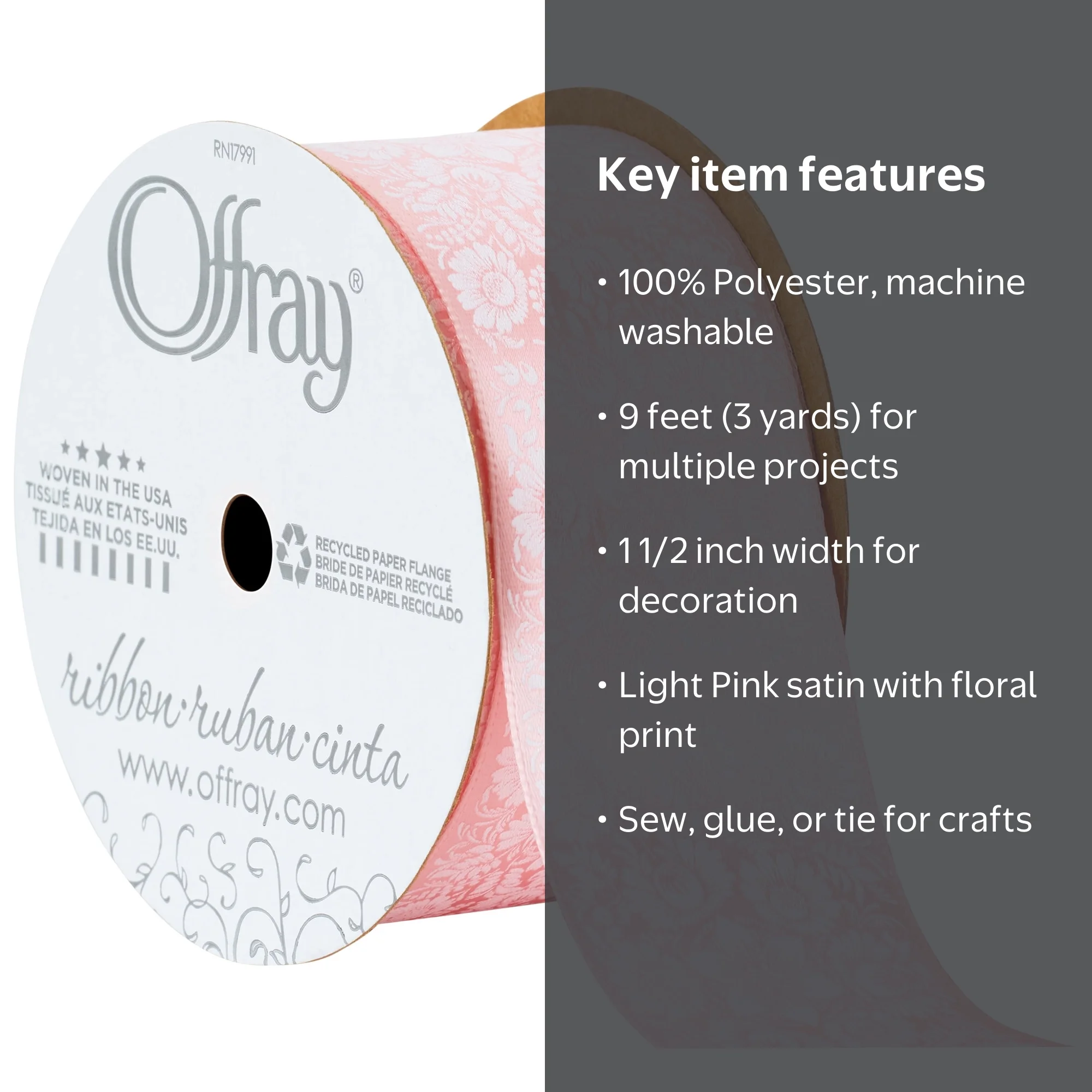 Offray Light Pink Floral Satin Ribbon 1 1/2 inch, 9 feet for
