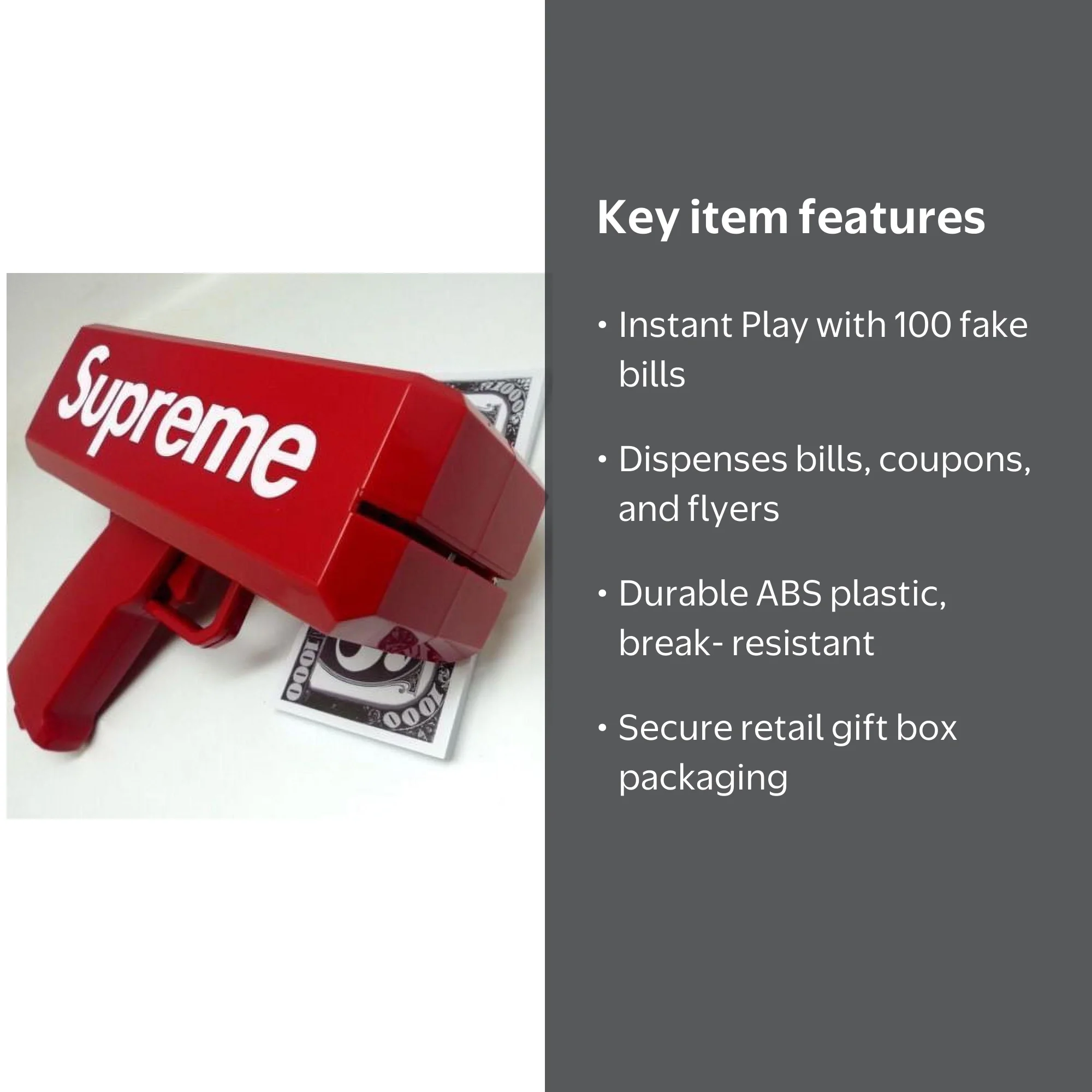 Supreme Money Gun Cannon w/ 100 Bills in Gift Box Novelty Party