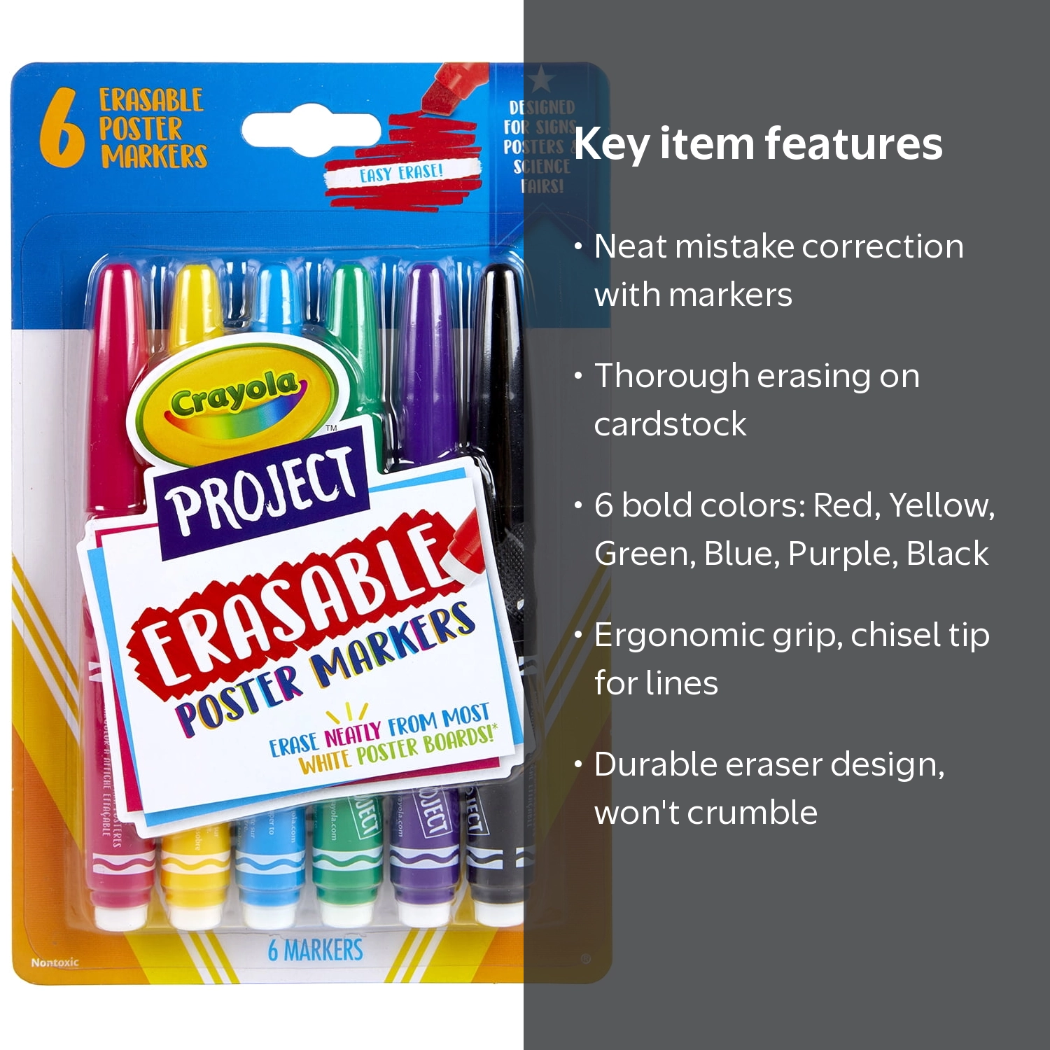 Crayola Erasable Poster Markers, Poster Board Markers, 6 Ct