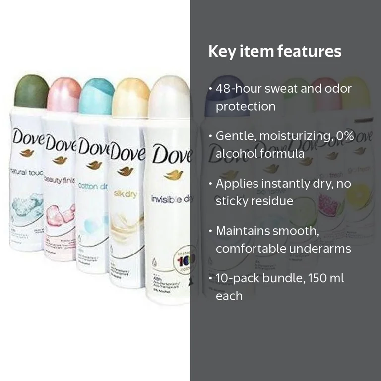 Dove Antiperspirant Dry Spray Deodorant for Women 150 ml, 10-Pack, 48-Hour Protection, Gentle on Skin, Mixed Scents Value Bundle