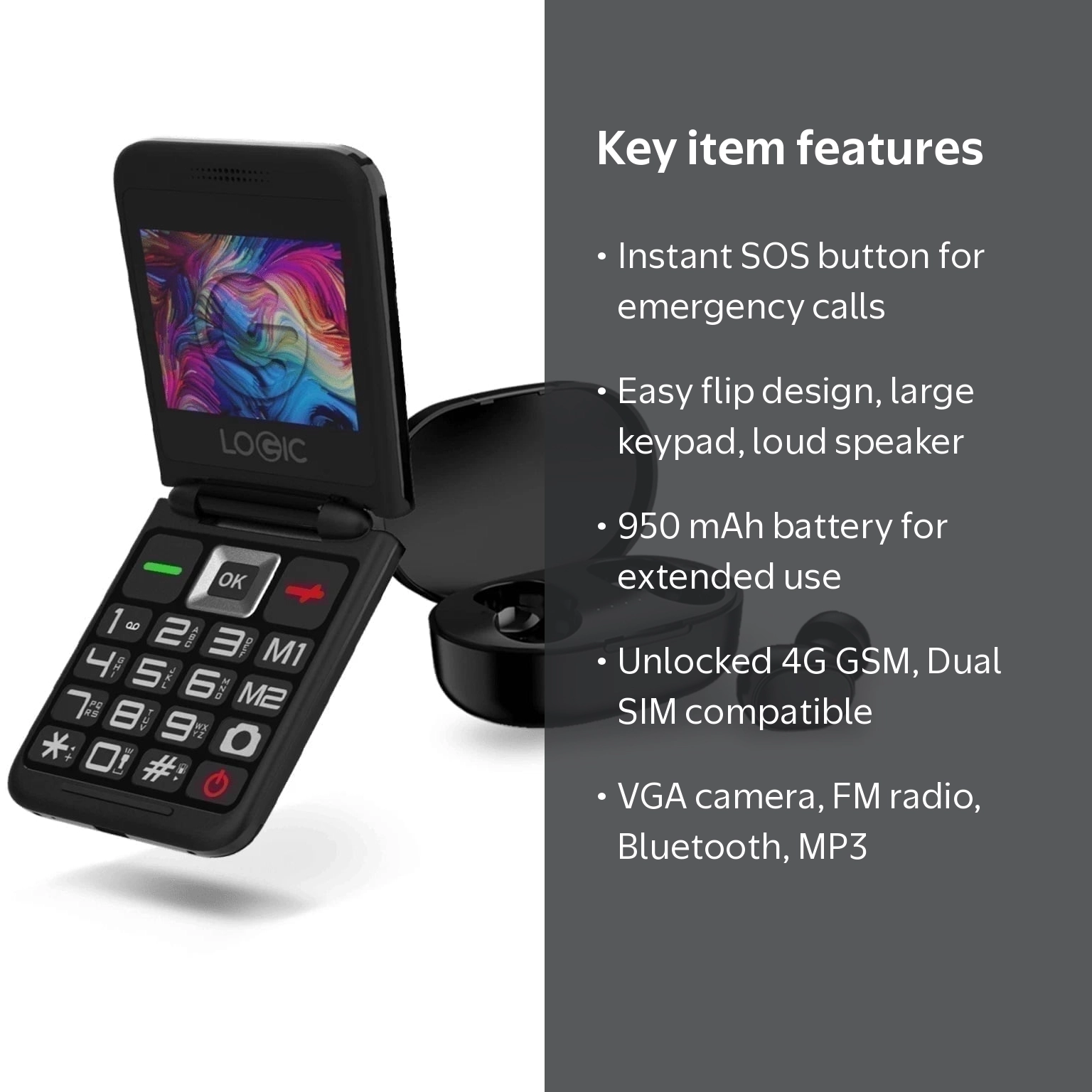 Logic Z3L 4G Unlocked Flip Phone, Black, 2.4 in, Bluetooth