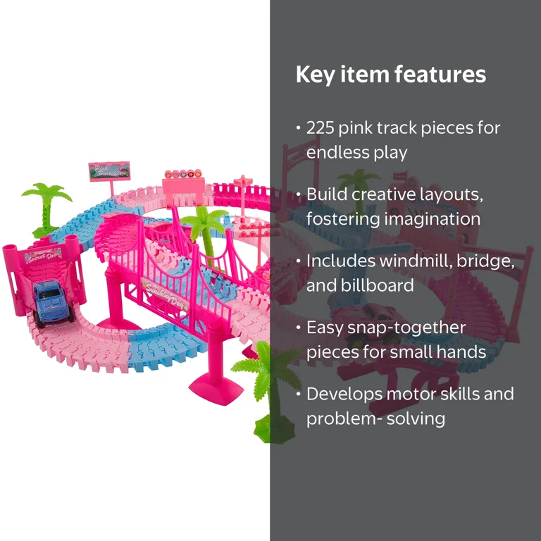 USA Toyz Unicorn Car Race Track, 225 Pieces, Pink Indoor Playset