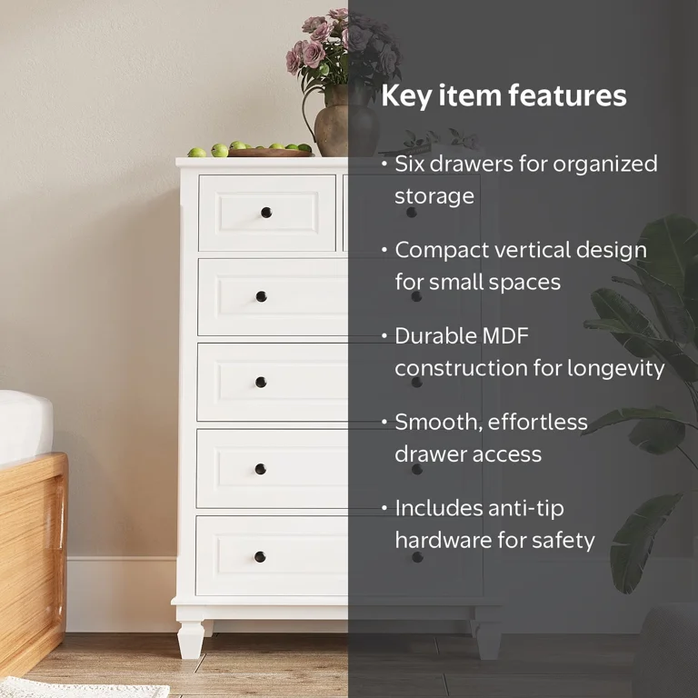 MONSLIPA 6 Drawer Tall Dresser, White Drawer Chest for Bedroom