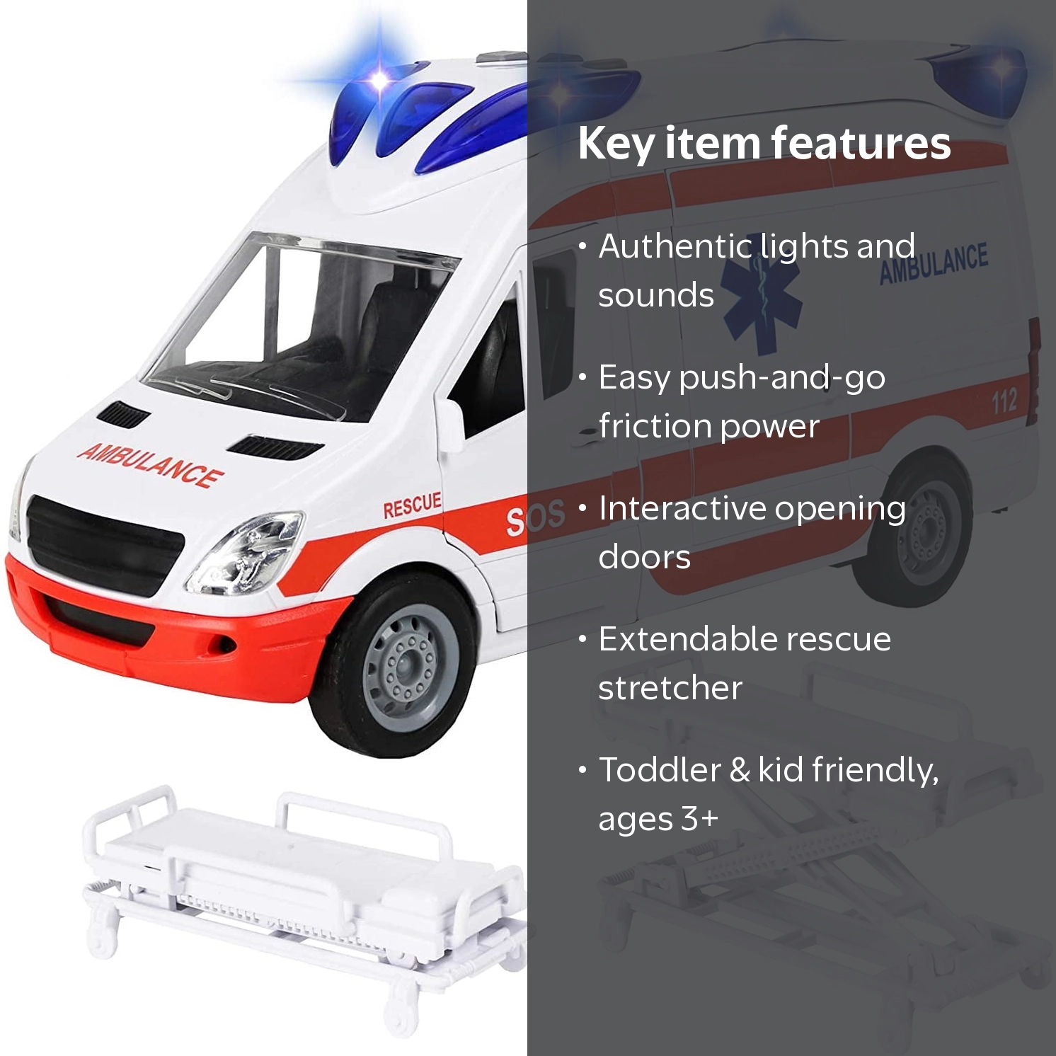 Kiddie Play Ambulance Toy, Lights and Sound, Friction Powered