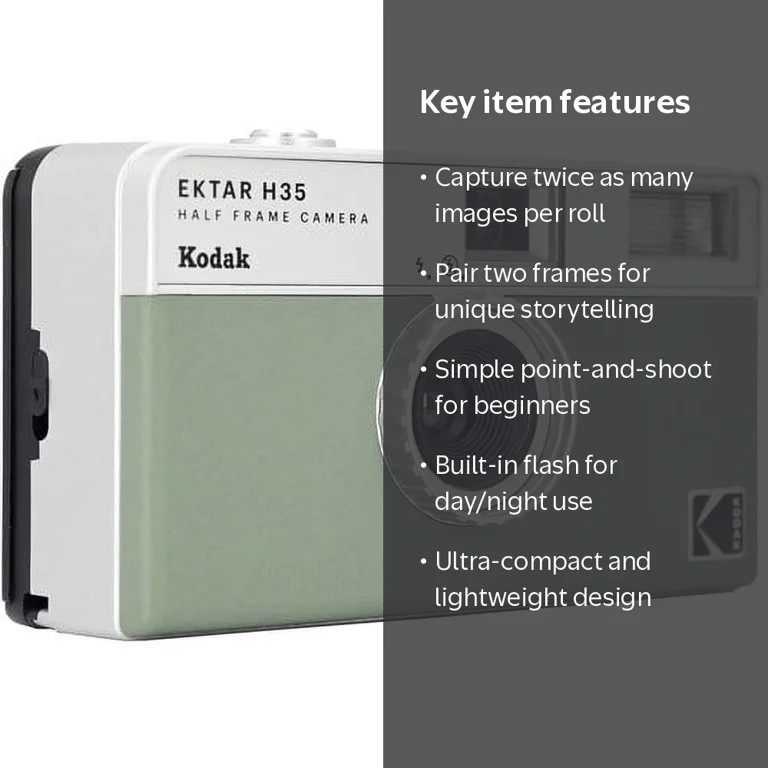 Kodak, Half Frame Film Camera, H35, Sage, Built-in Flash - Walmart.com