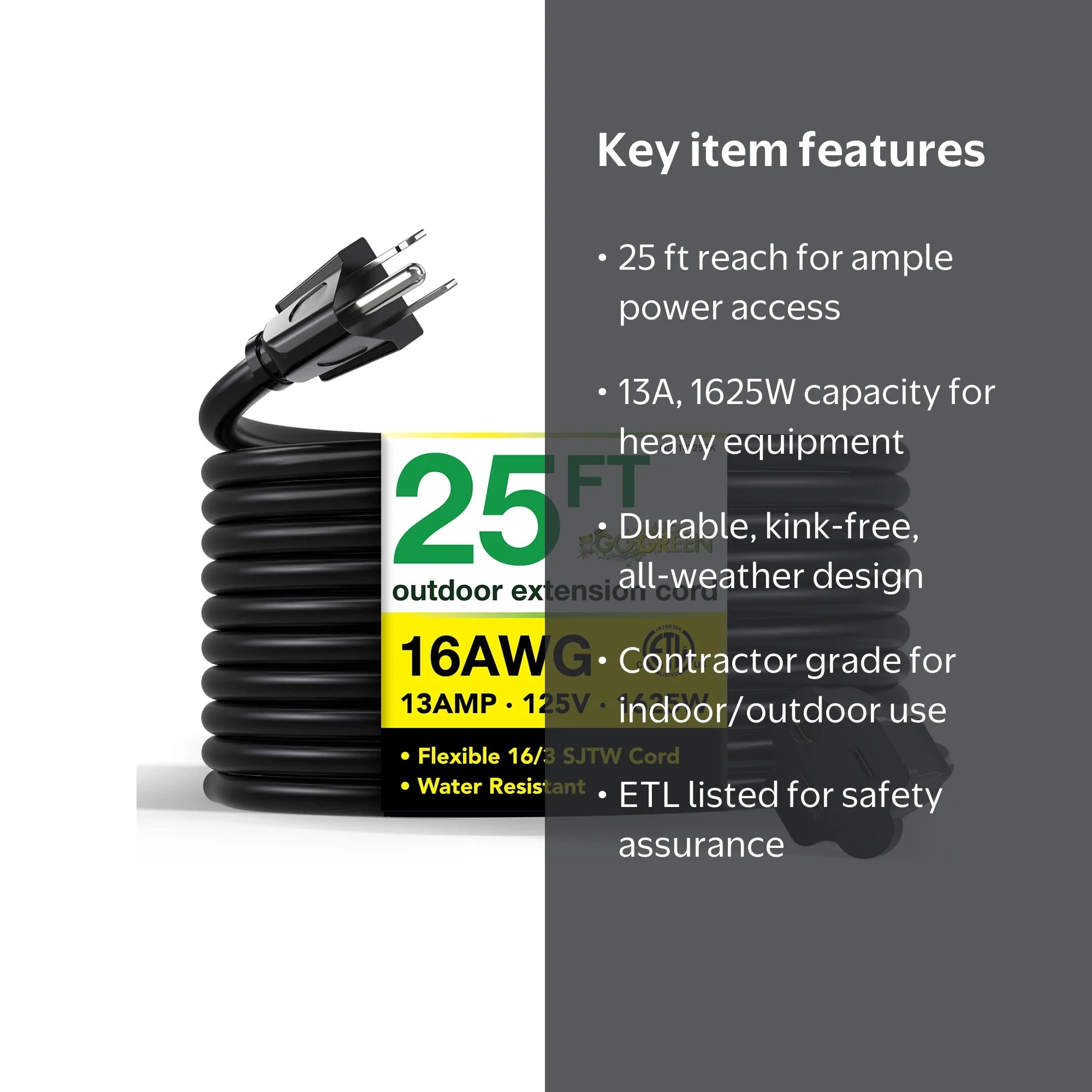 GoGreen Power, Heavy Duty Extension Cord, GG-13725BK, 25 Ft