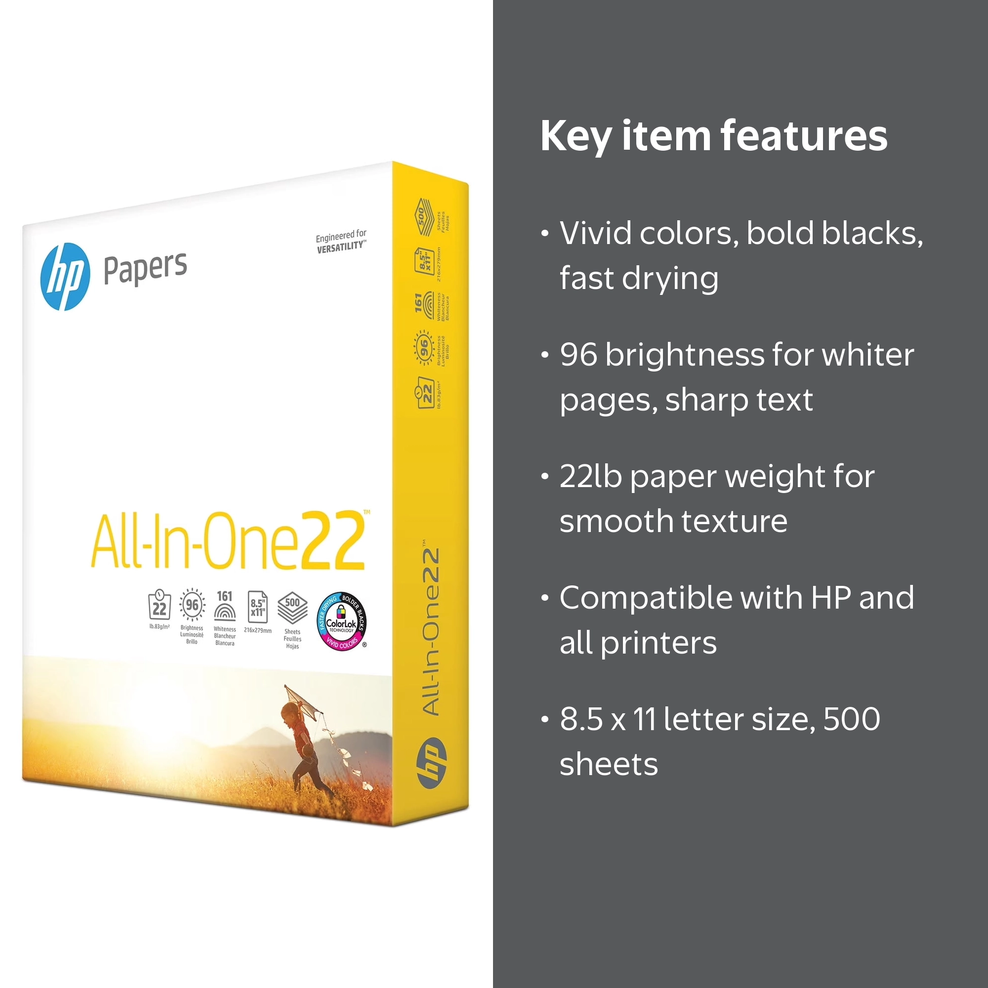 HP Printer Paper, All In One22, 8.5 x 11 Paper, 22lb, 96 Bright
