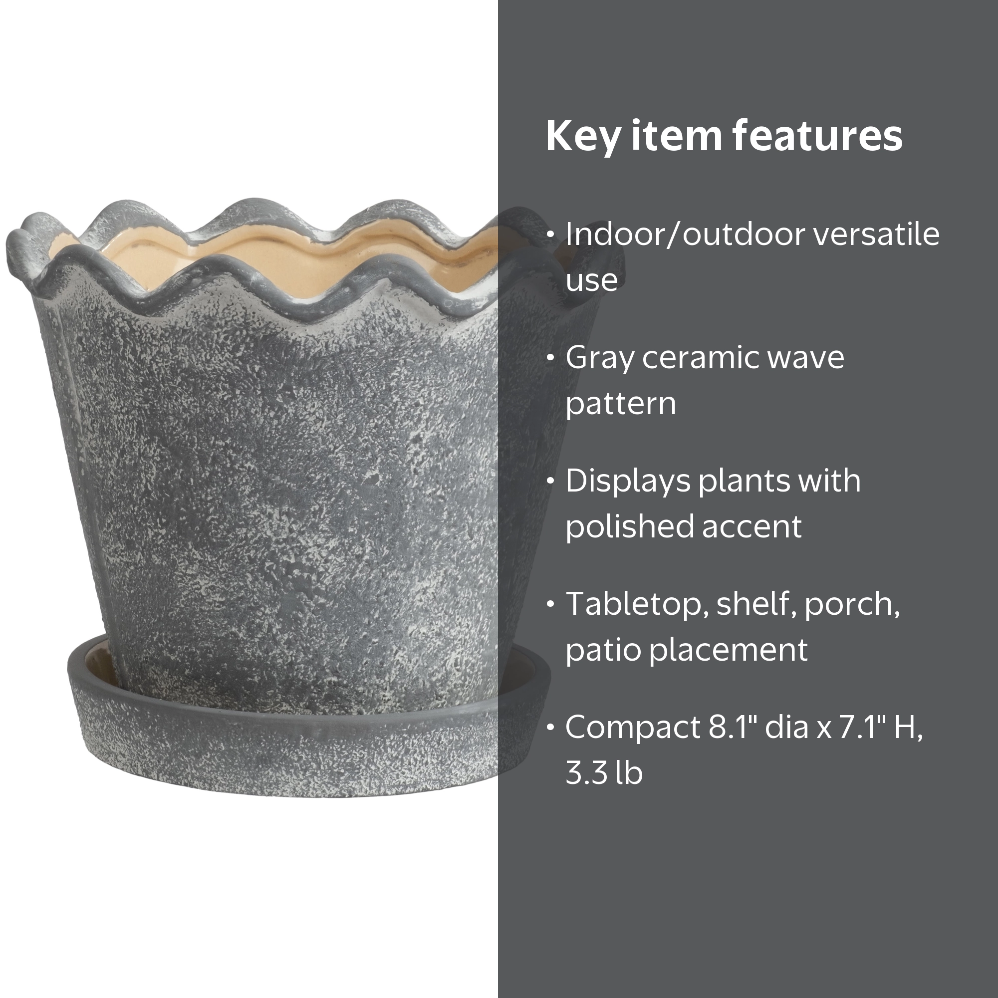 My Texas House Gray 8 in Wave Ceramic Planter Pot for Indoor and