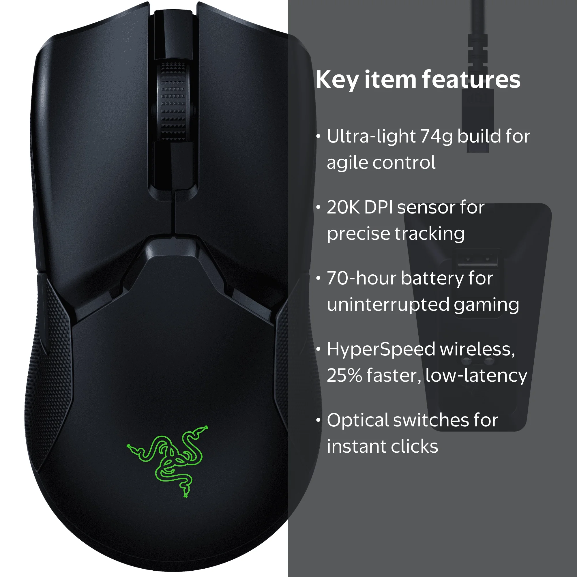 Razer Viper Ultimate Gamer Wireless Mouse: 20K DPI, 70 Hr Battery