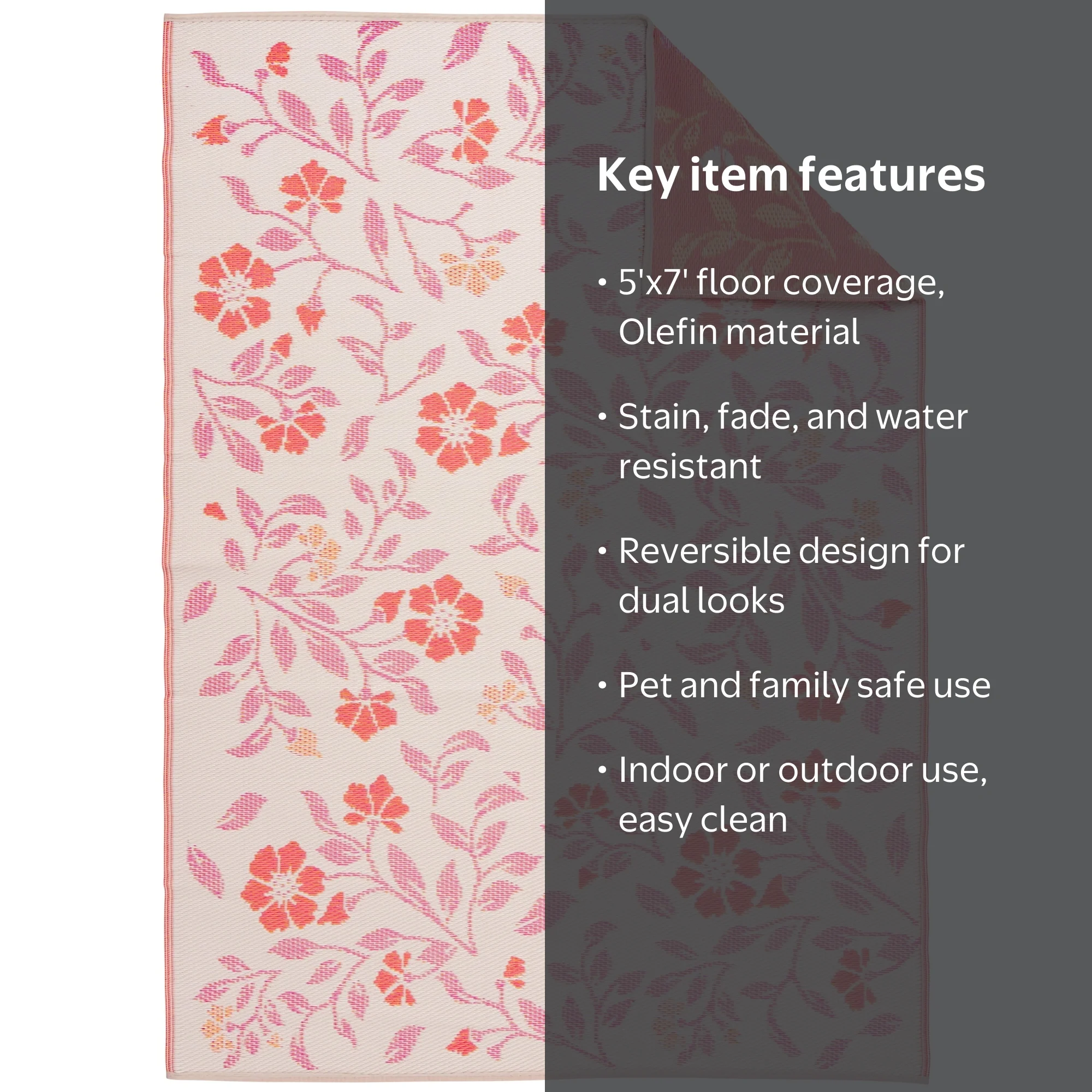 6.8 ミッドレングス　千葉、東京手渡し　ピンクマーブル柄 Mainstays 5x7 Pink Floral Reversible Plastic Outdoor Rug, Stain