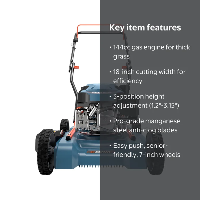 SENIX 18in Gas Lawn Mower, 144cc 4-Cycle Engine, Side Discharge
