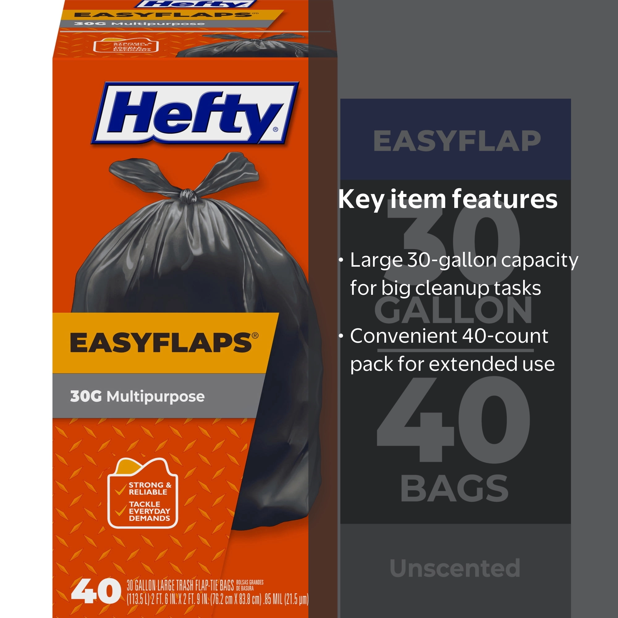 Hefty, Trash Bags, 30 Gallon, 40 Count, Multipurpose, Large
