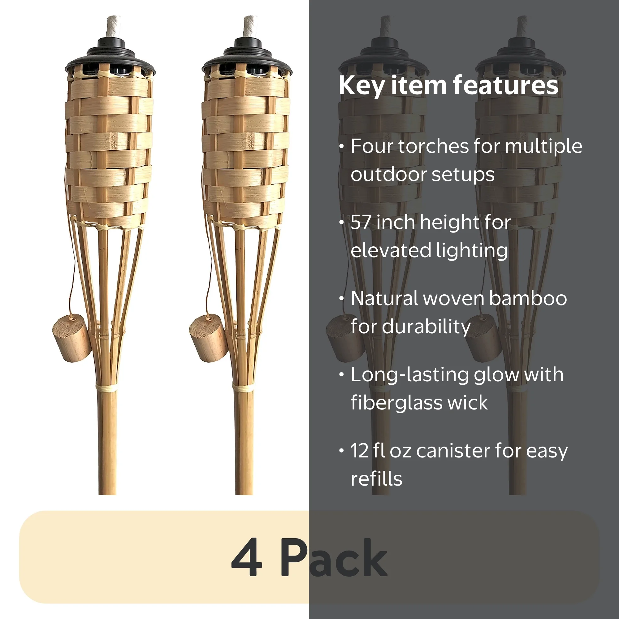 4 pack) Mainstays Bamboo Lawn & Garden Torch - 57 Inch | Made From