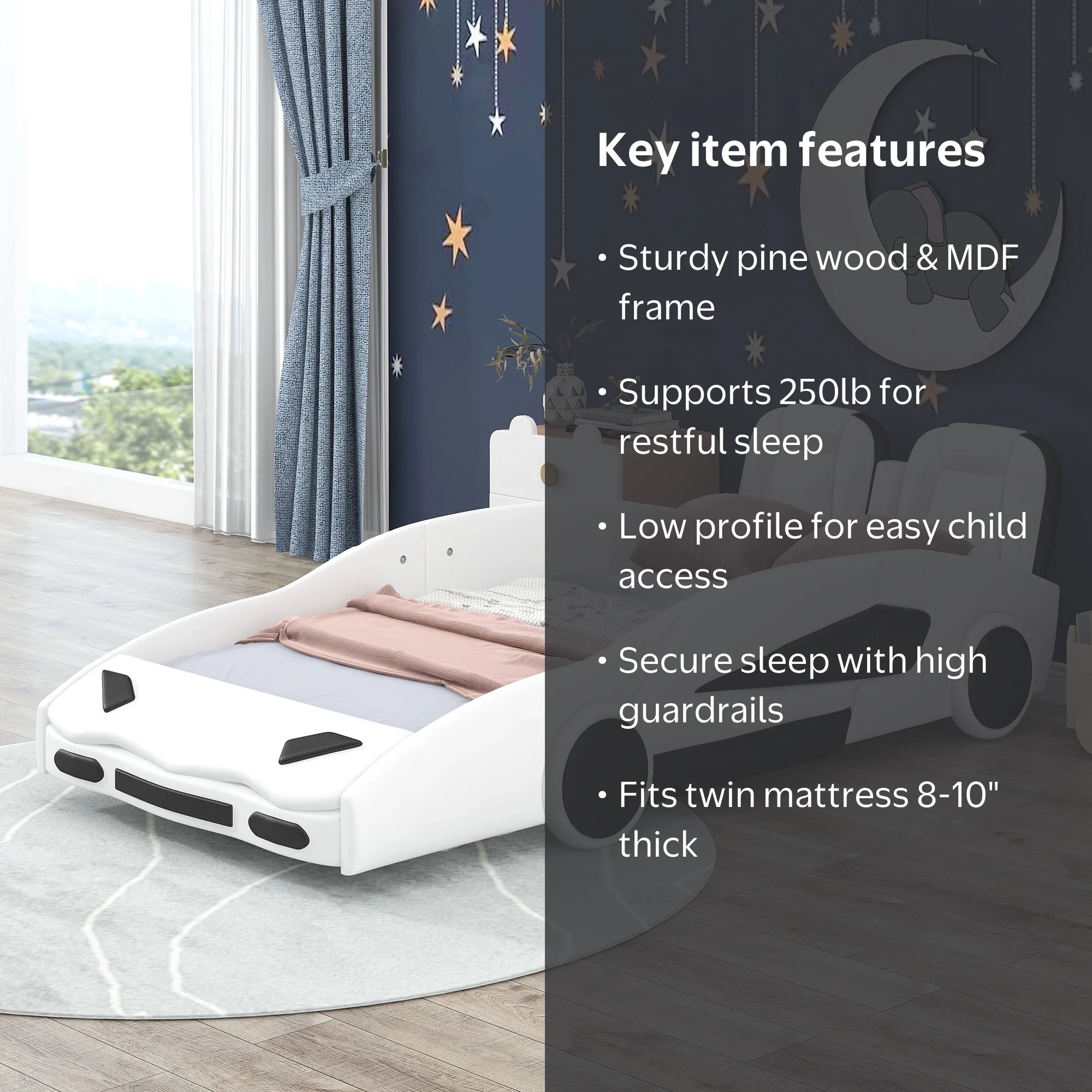 Euroco Modern Wood Race Car-Shaped Twin Platform Bed for Kids