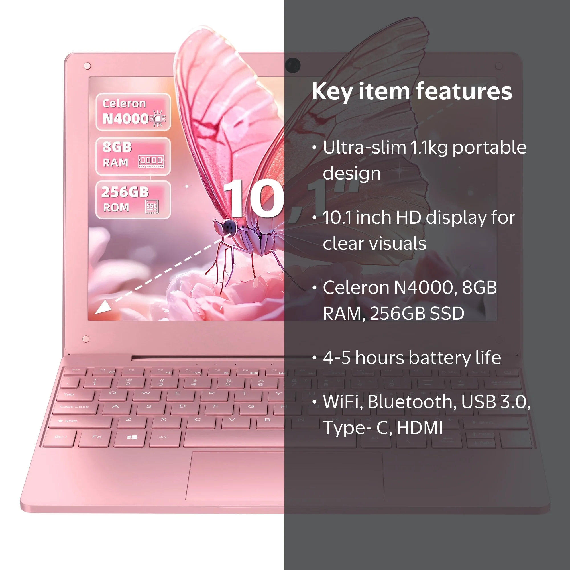 10.1-inch Portable Mini Pink Laptop Computer, DDR4 8GB RAM, 256GB