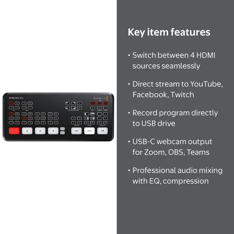 Blackmagic Design ATEM Mini Pro Stream Switcher, SWATEMMINIBPR, 4