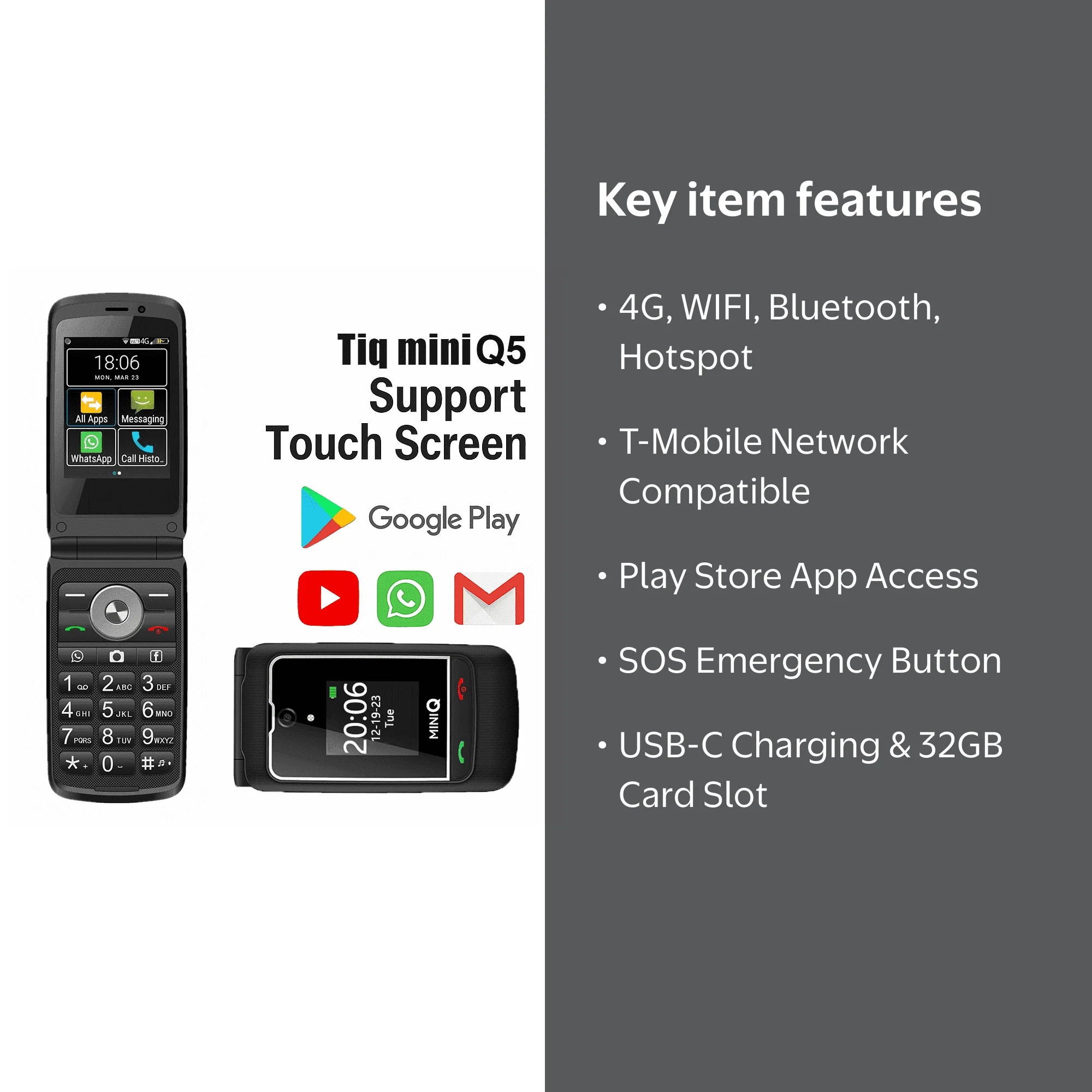 TIQ Mini US Q5 4G Smart Flip Phone - Tmobile Compatible, Android