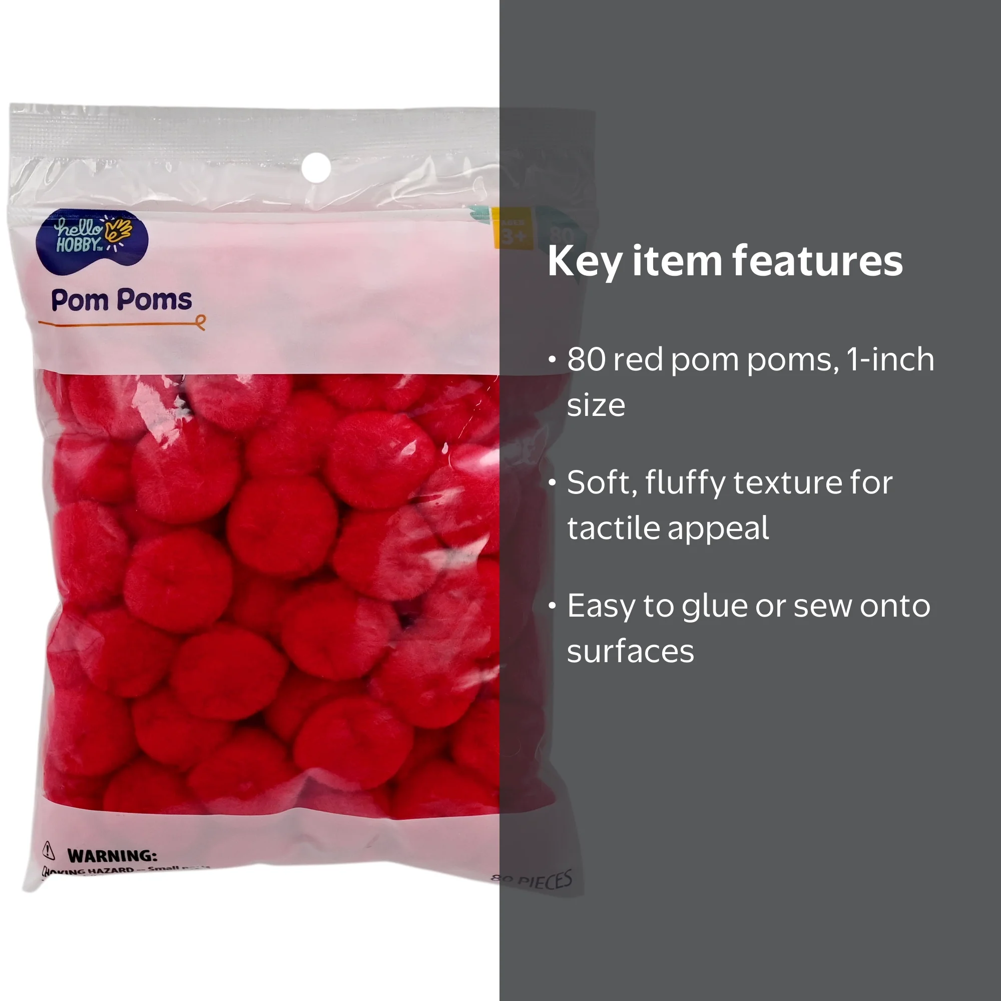 Hello Hobby 80pc 1inch Red Pom Poms, Soft Fuzzy Craft