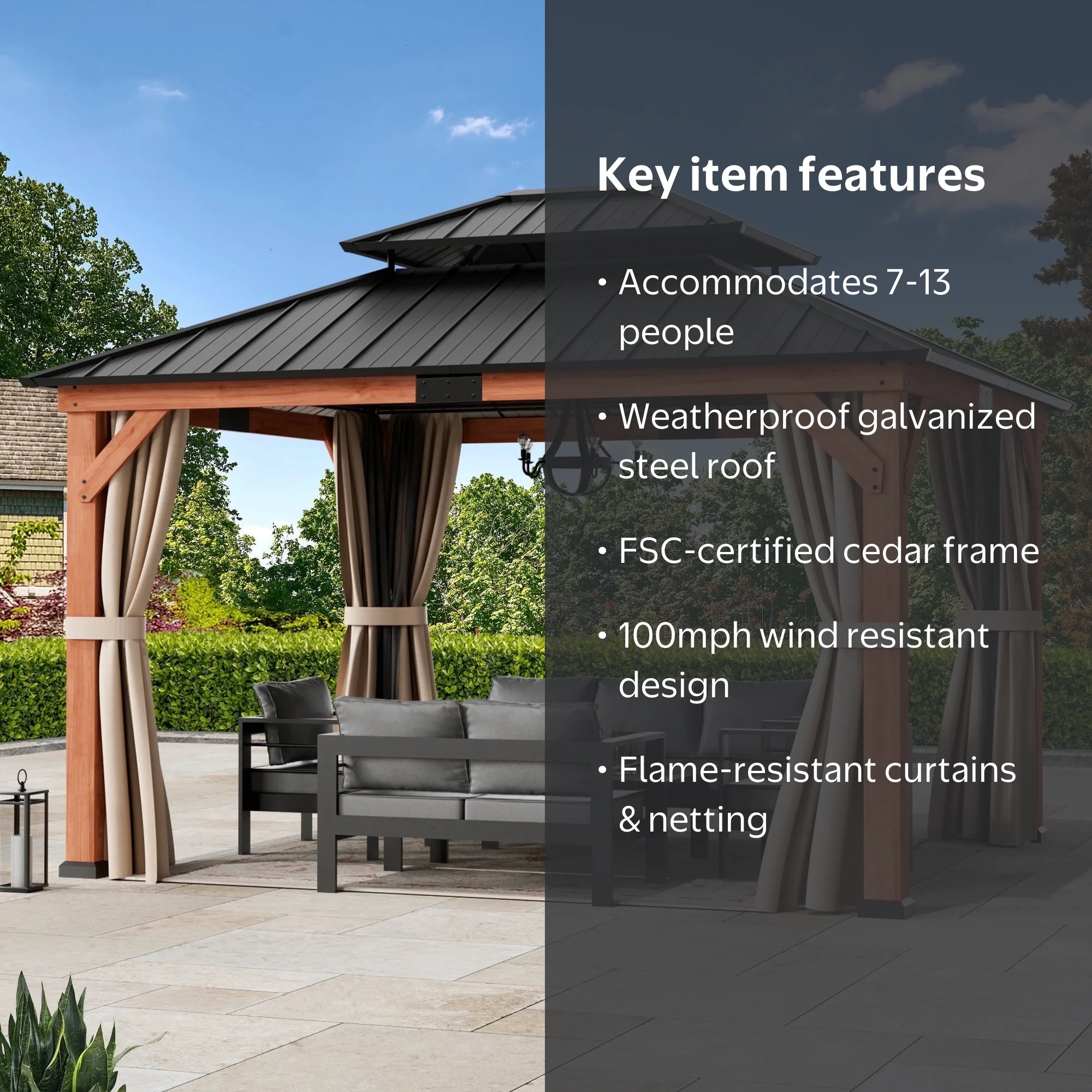 Modern Shade 13'x15'Outdoor Cedar Wood Hardtop Gazebo with Double