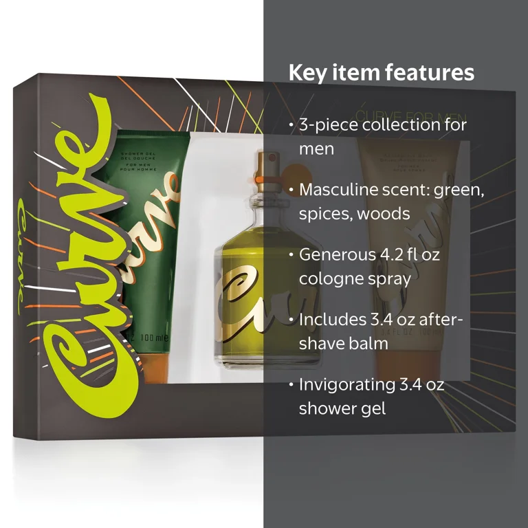 Curve Men's Cologne Body Fragrance Spray Gift Set, 3 Pieces