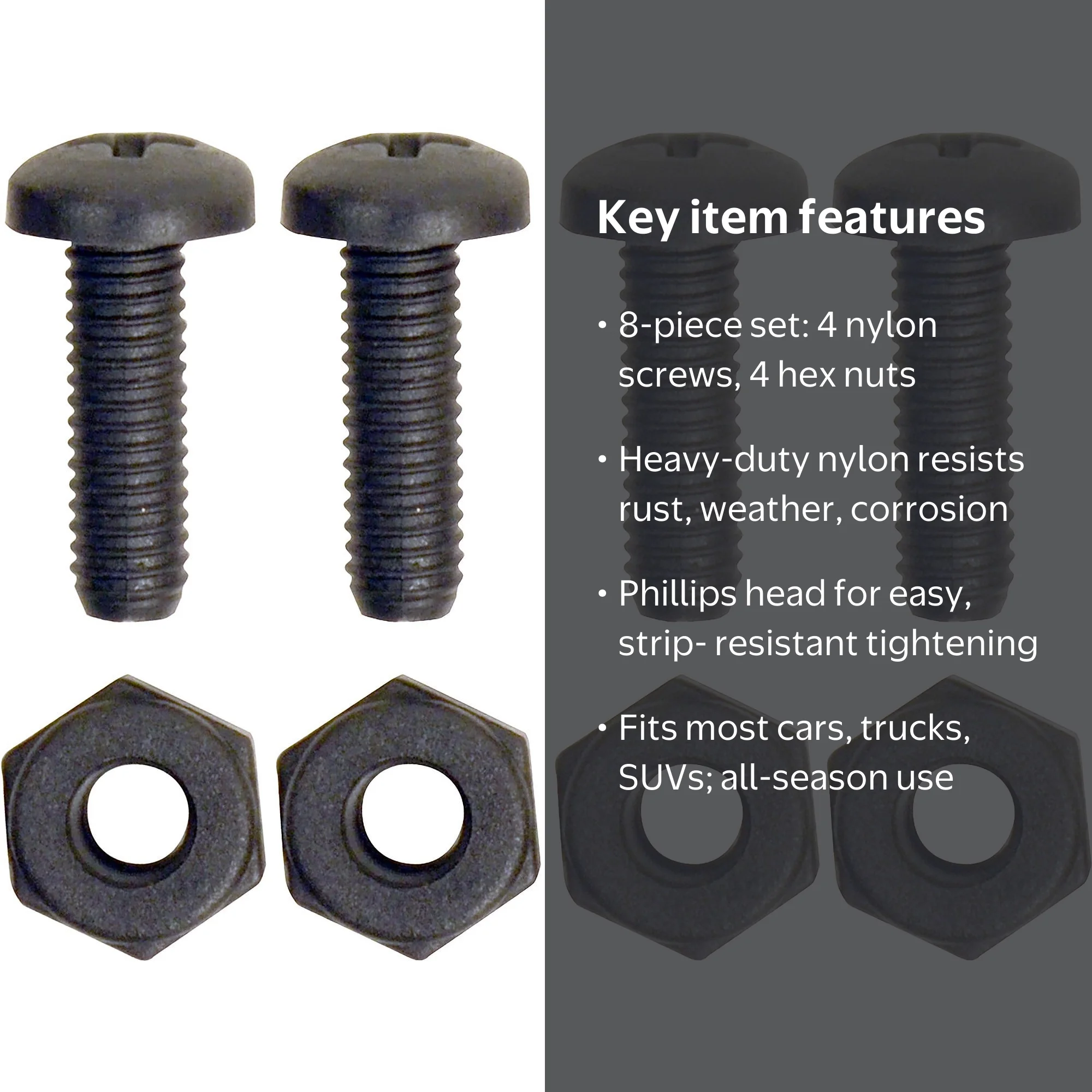 Auto Drive License Plate Fasteners 8 Piece Black Nylon Screw and