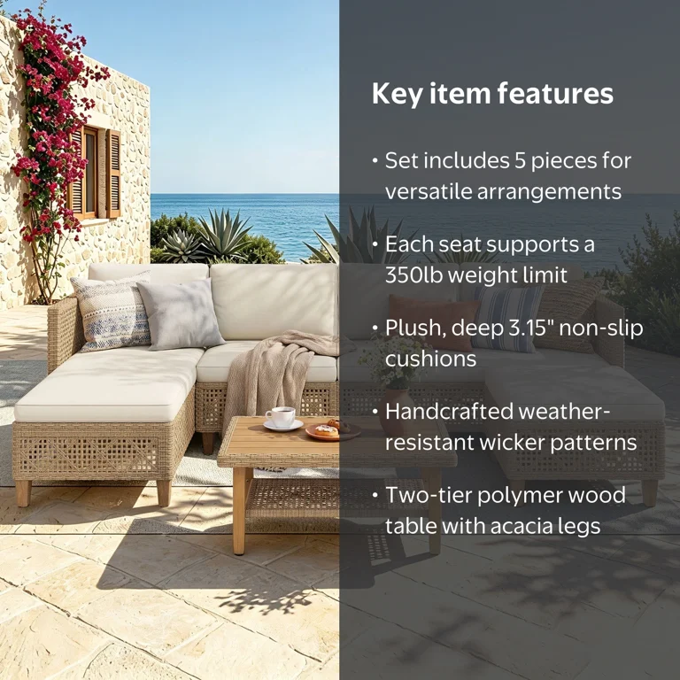Alpha Joy 5 Pieces Wicker Patio Furniture Conversation Set Boho Style Outdoor Sofa with Wood Coffee Table, Beige