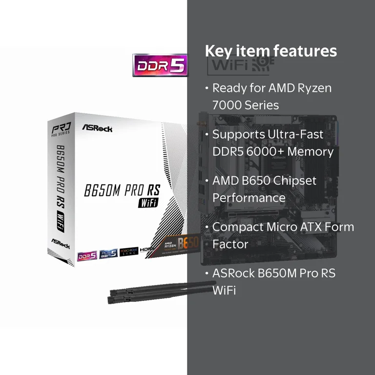 ASRock Motherboard B650M Pro RS WiFi AM5 Micro ATX supports Ryzen
