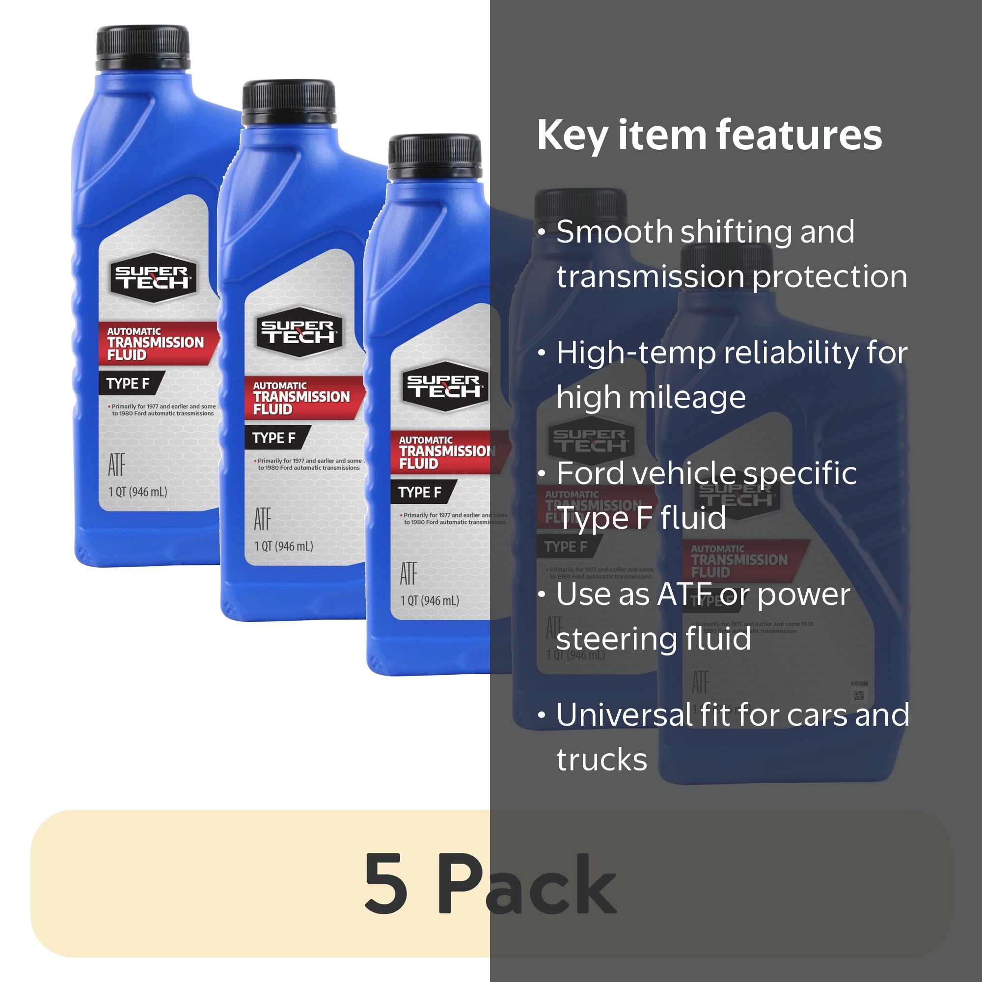 5 pack) Super Tech Type F Automatic Transmission Fluid, 1 Quart
