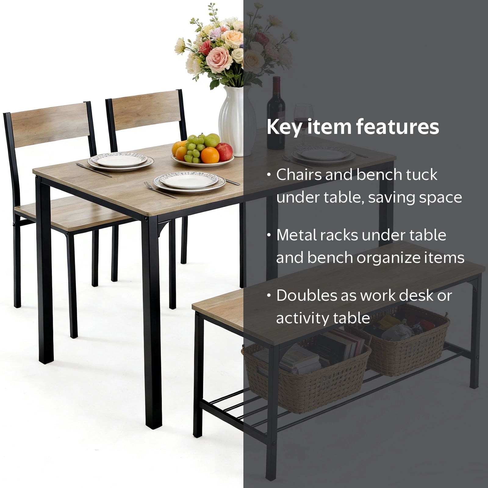 edx Dining Table and 2 Chairs for 4, Dining Bench with Metal Frame