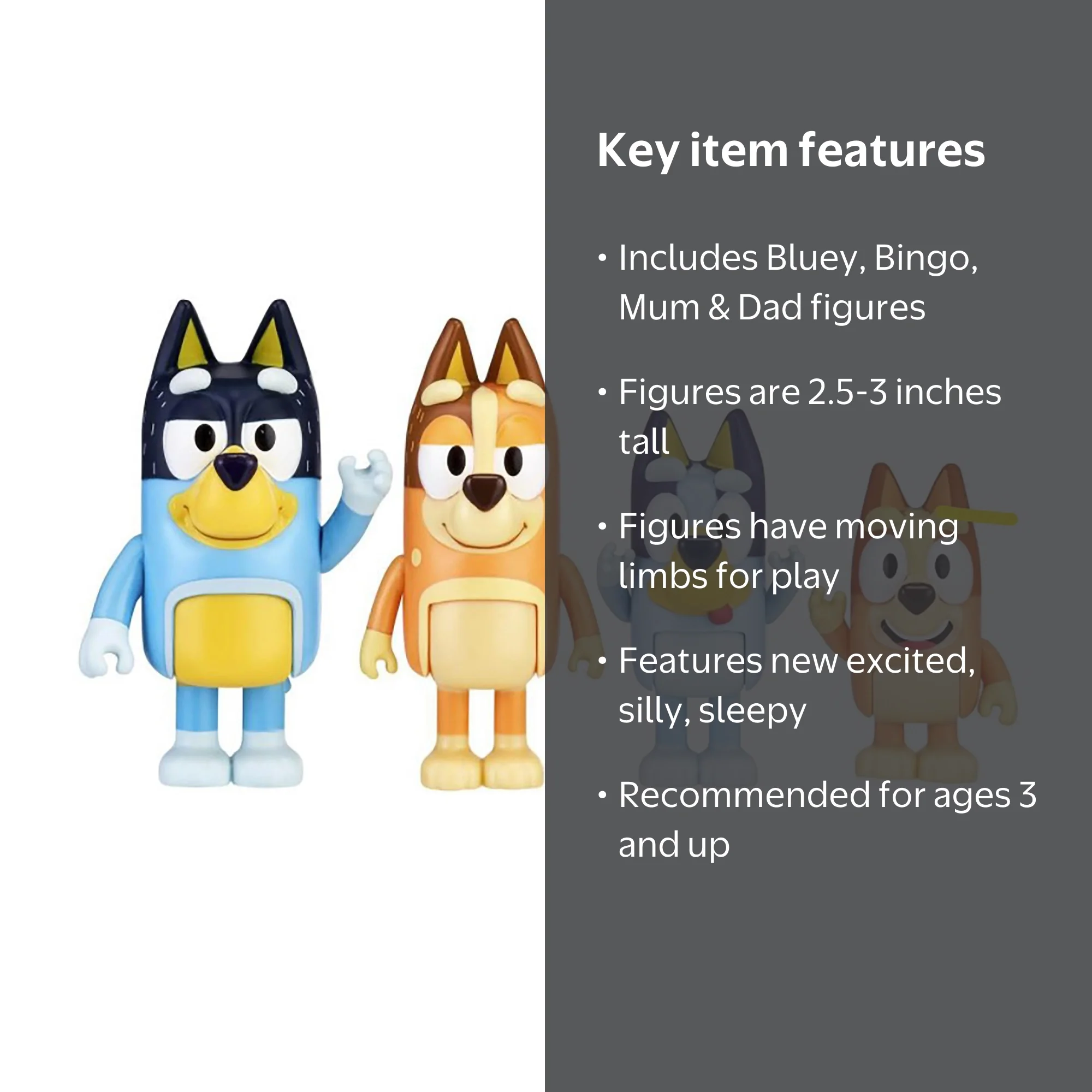 BLUEY - PACK de 4 figurines jouet familial Bluey Friends bingo piment