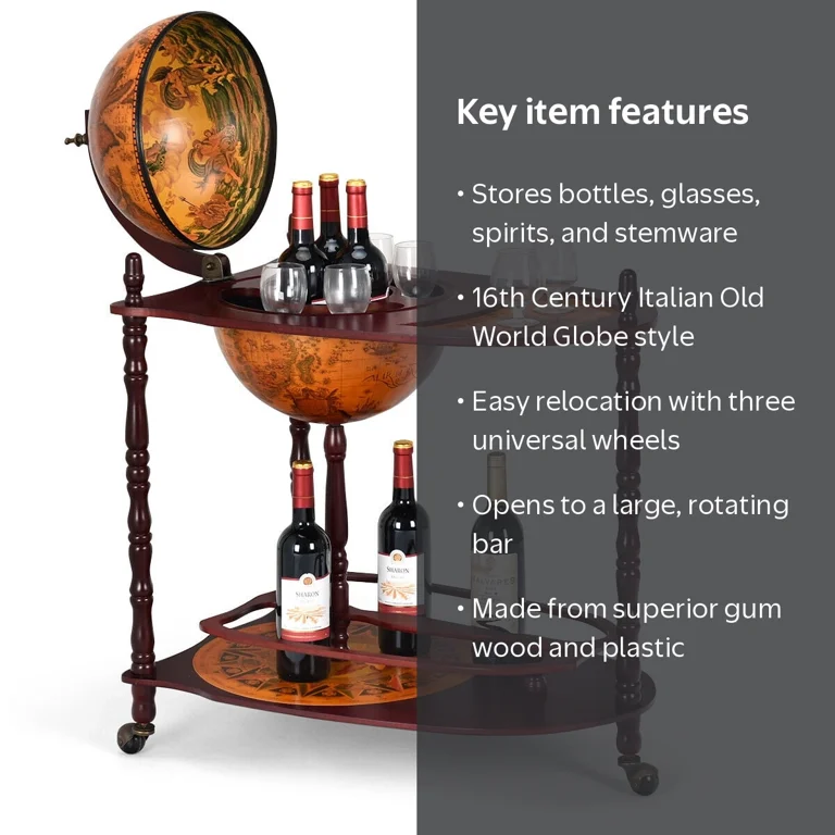Wine Bar & Bistro 置物 Costway, Wood Globe Wine Bar Stand 34'', Italian-Style Liquor Rack