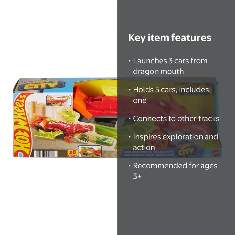 Hot Wheels, City Dragon Launch Transporter, Spits Cars, 3 Years