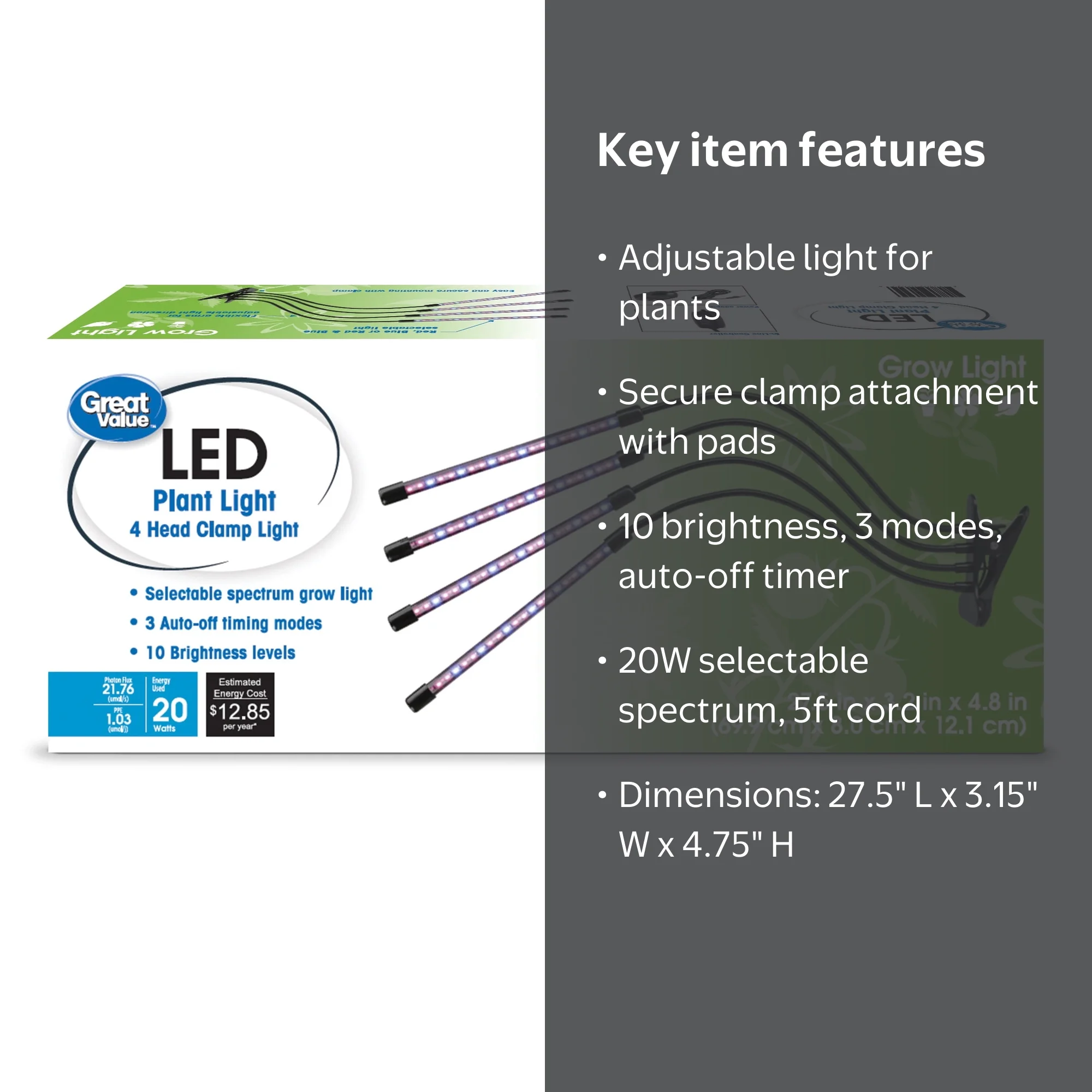 Great Value 4-Head Flexible LED Clamp Grow Light 20W with