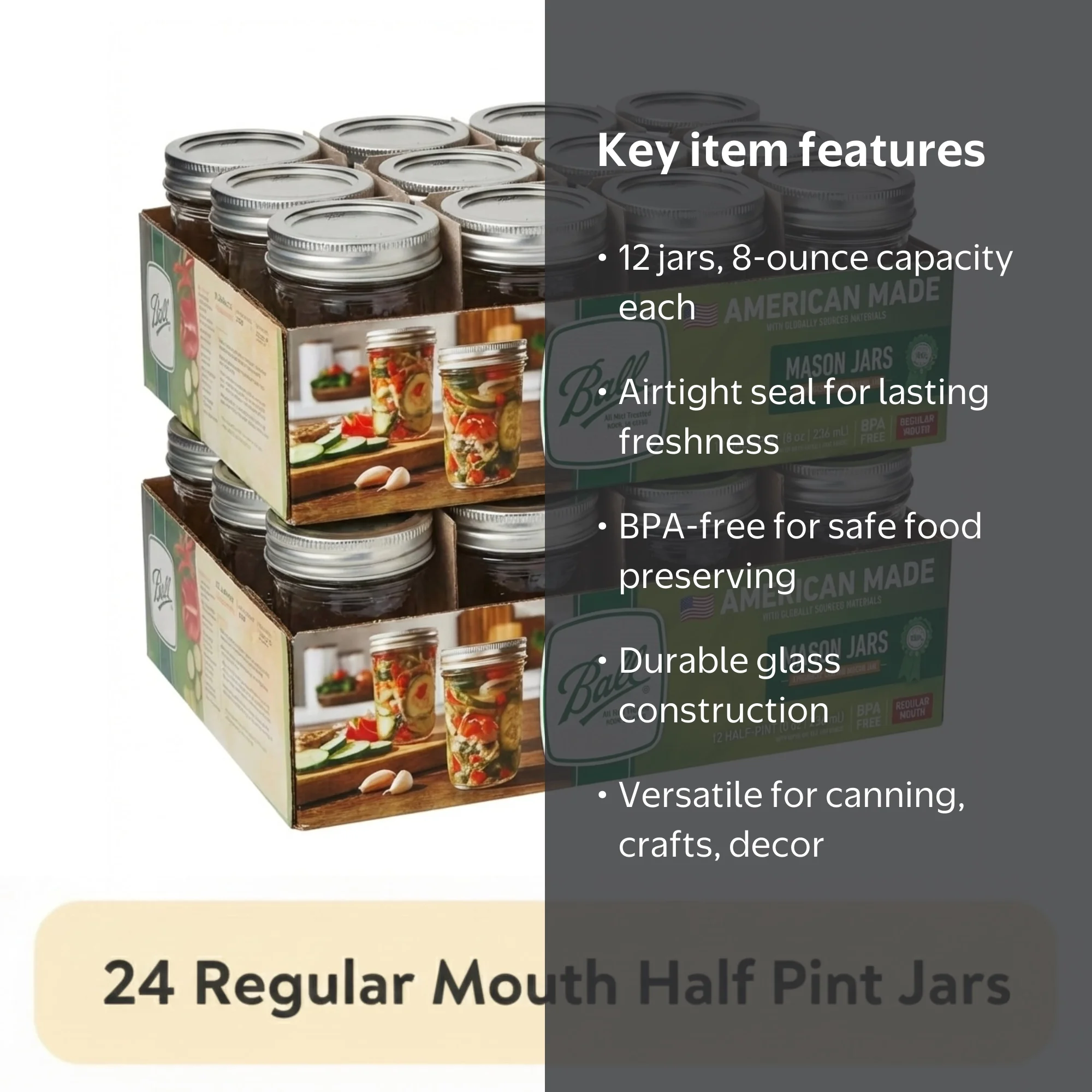 2 pack) Ball 8 oz Mason Jars, Regular Mouth Half Pint Canning Jars