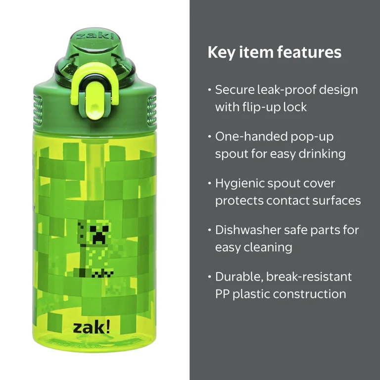 Zak Designs 16oz Minecraft Water Bottle, Durable Plastic, Leak
