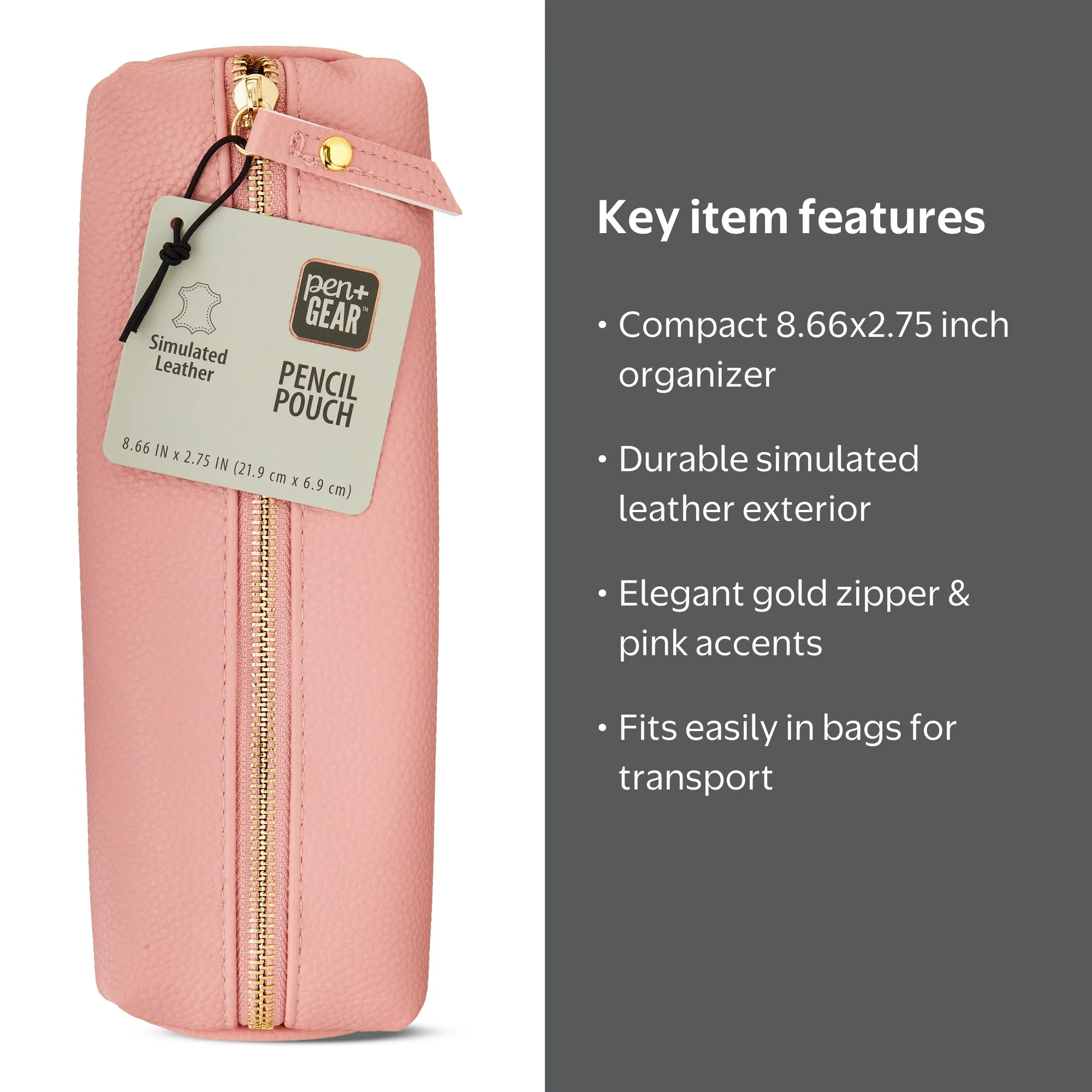 Pen+Gear Simulated Leather Pencil Pouch, Pink, Zipper Pull, 8.66