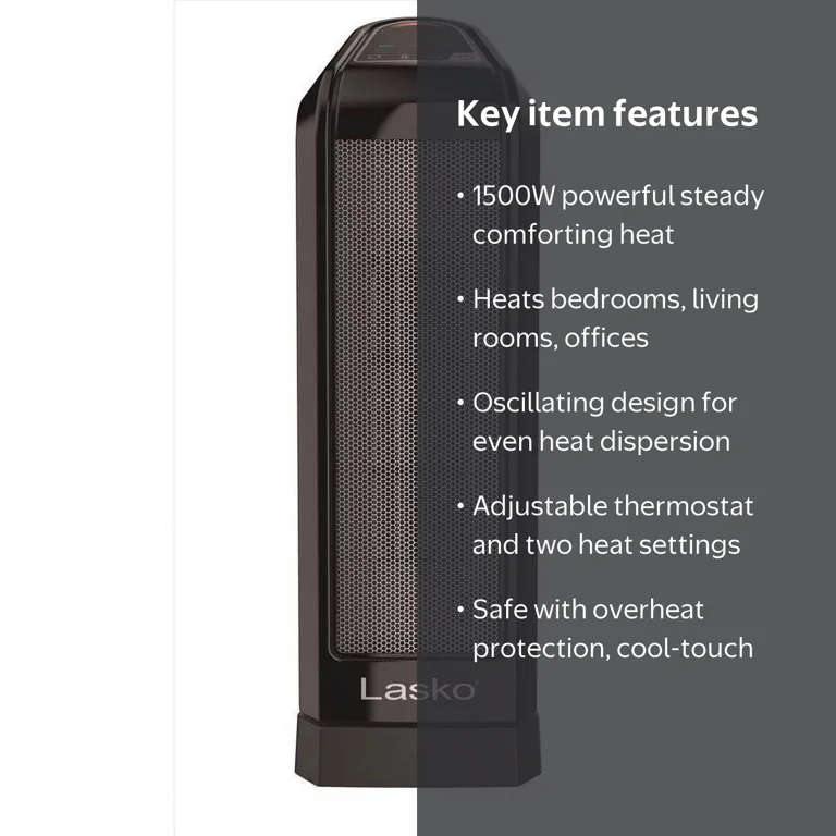 Lasko, Ceramic Tower Space Heater, 16 inch, 1500W, Black - Walmart.com