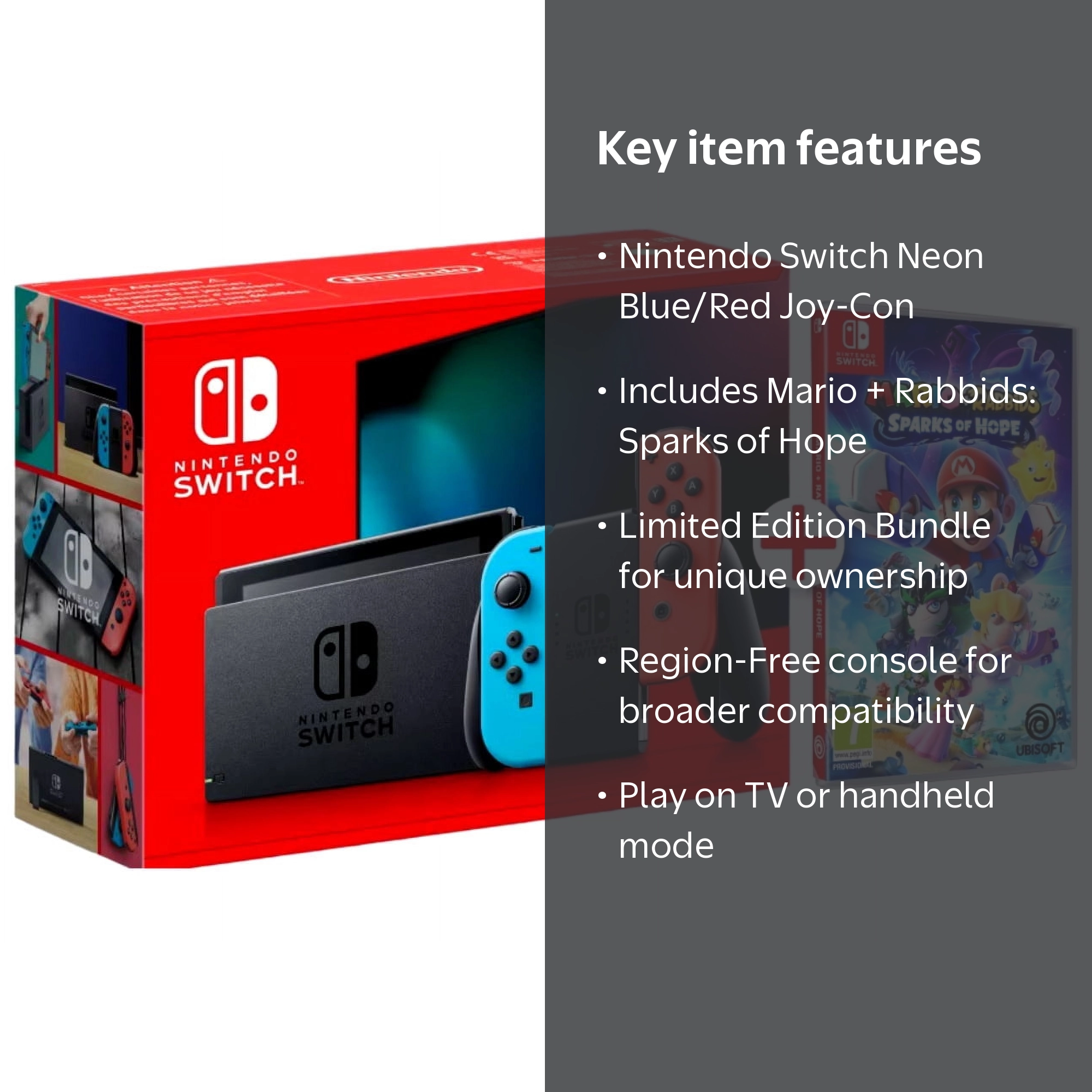 Nintendo Switch Neon Blue and Red Joy-Con, Mario Rabbids Sparks of