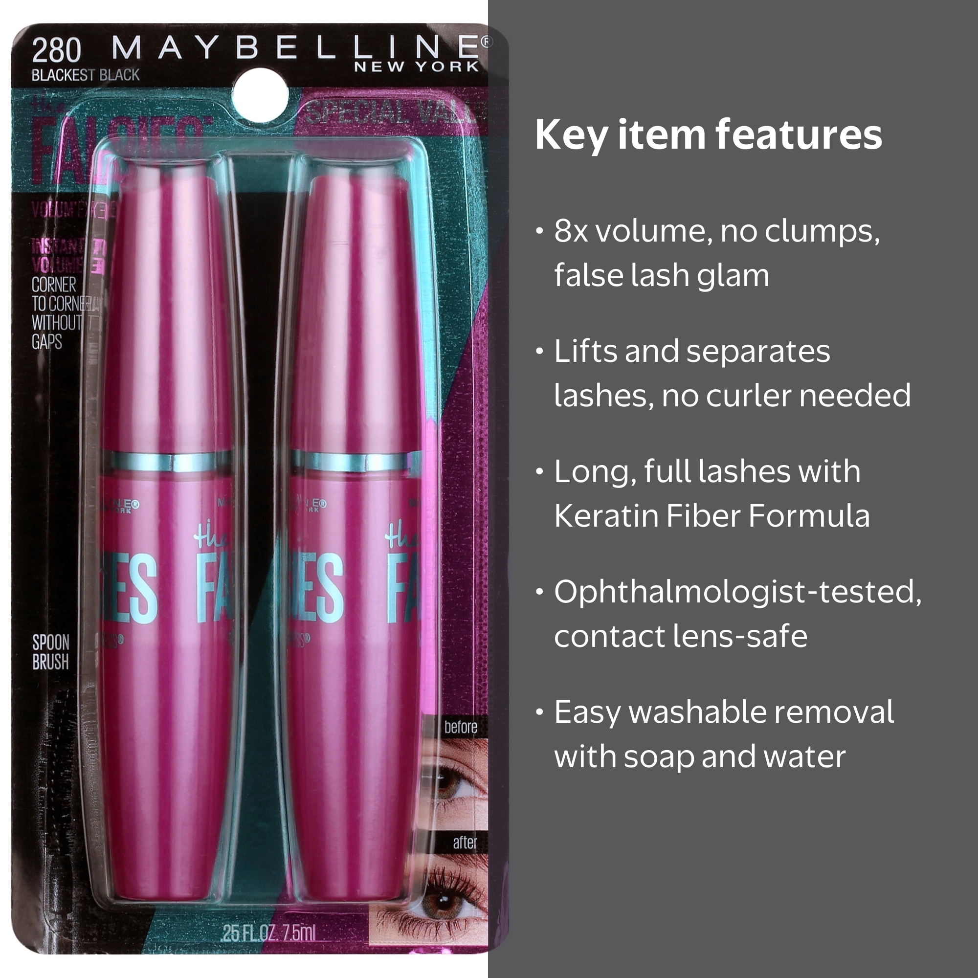 Maybelline, The Falsies Washable Mascara, 2 Pack, Blackest Black