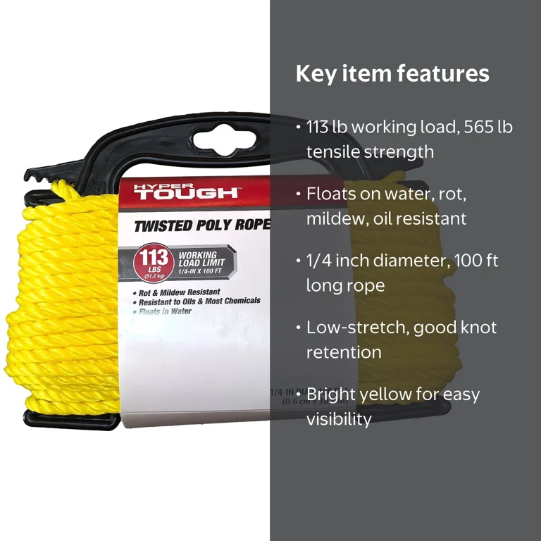 Hyper Tough Yellow Polypropylene Twisted Rope 1/4 Inch x 100 Feet