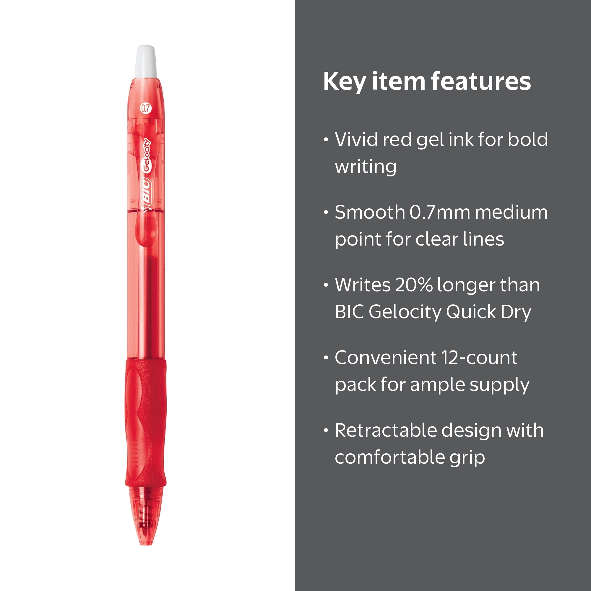 BIC, Gelocity Red Gel Pens, 0.7mm Medium Point, 12-Count Pack