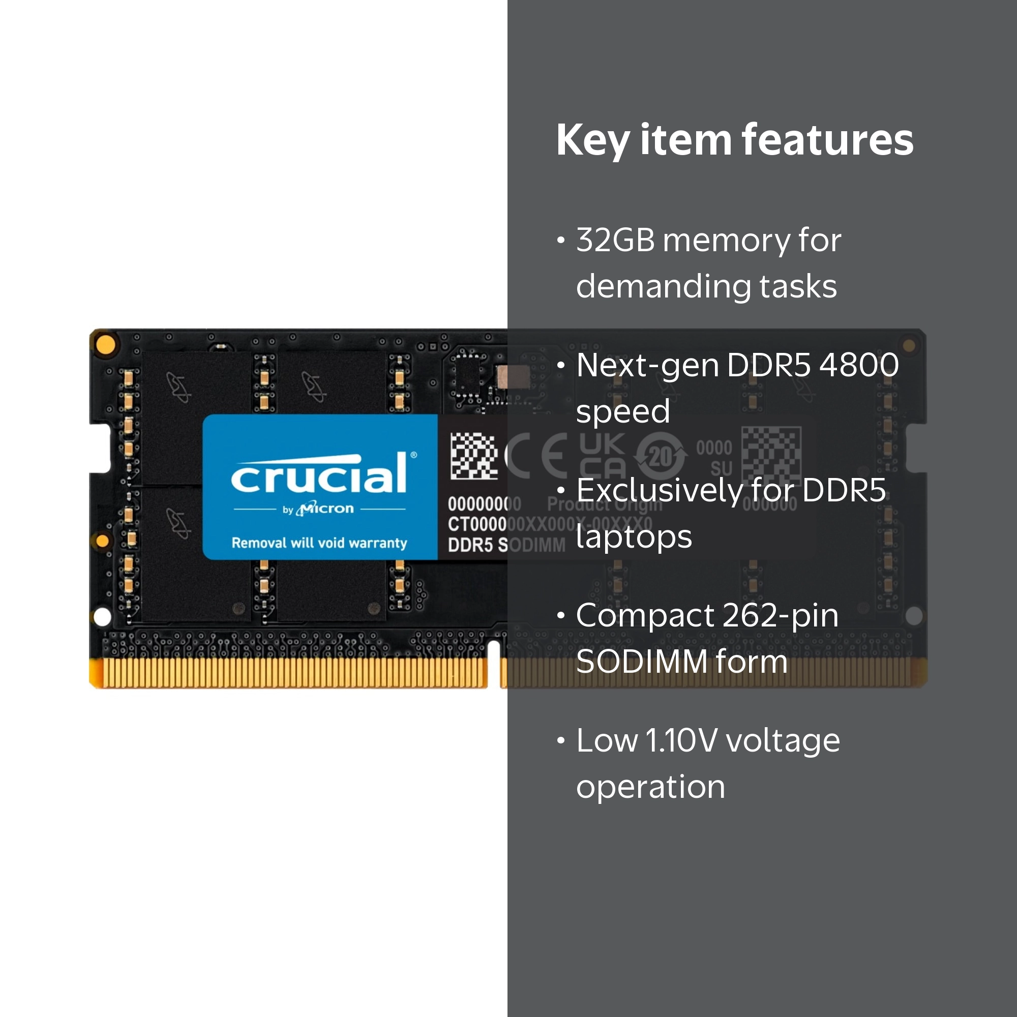 Crucial 32GB DDR5 4800 (PC4 38400) SO-DIMM Laptop RAM Stick Model
