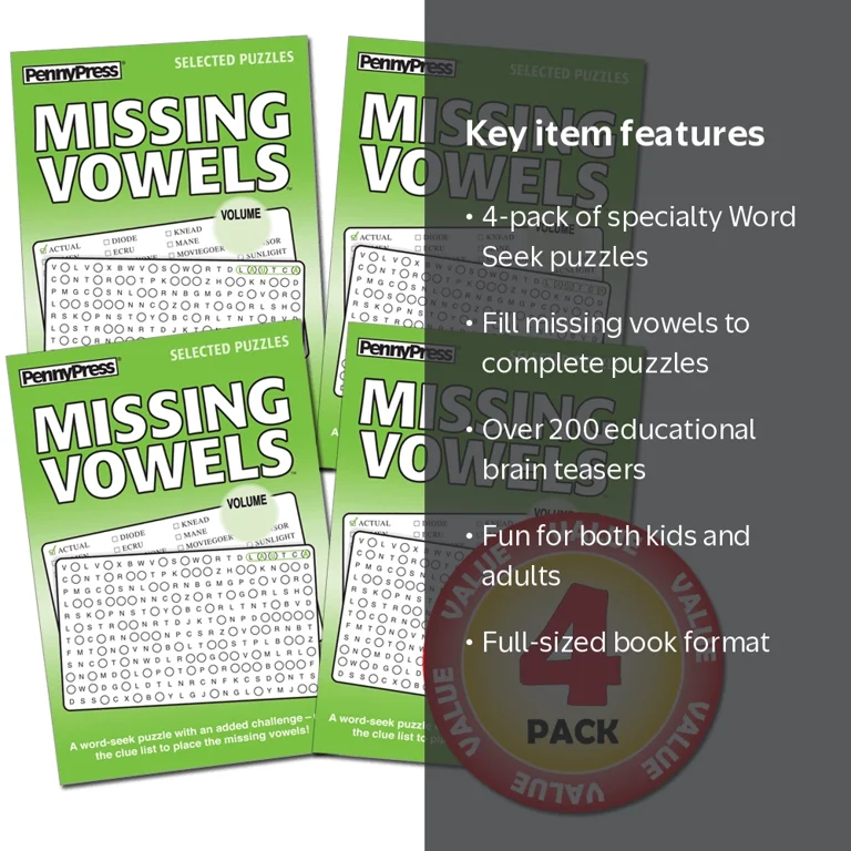 Penny Press Dell Missing Vowels Word Seek Puzzle 4-Pack, Over 200