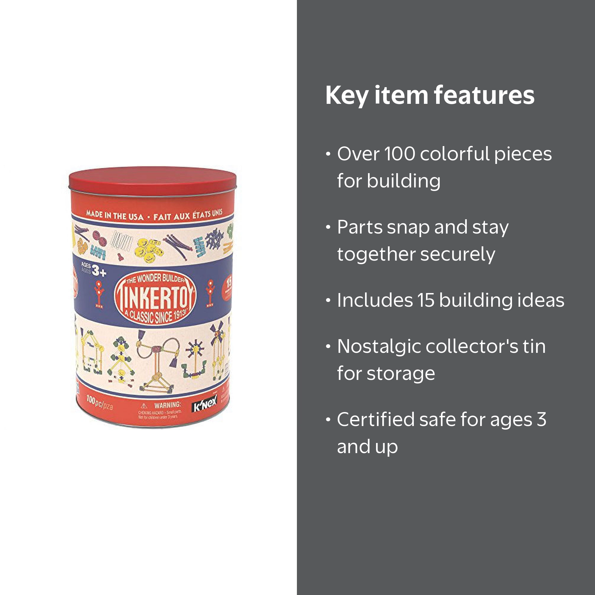 （本日限り価格）HEVE Tinker Knit TINKERTOY - Classic Building Tin - 100 Plastic Parts - Collectible