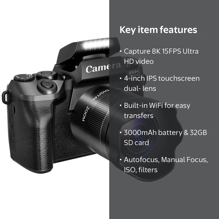 XLURC Digital Camera 8K 64MP Wifi Cameras for Photography with 4